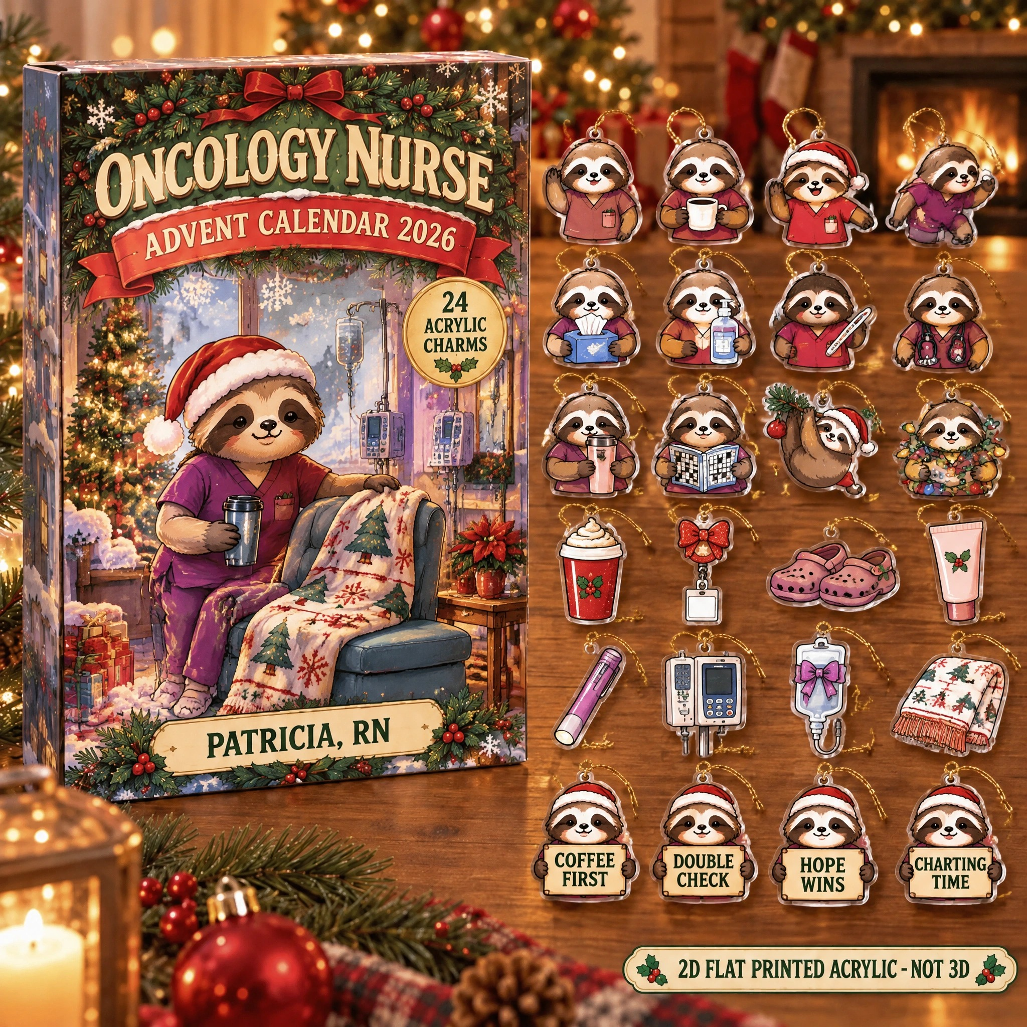 Personalized Oncology Nurse Sloth advent calendar box with 24 flat acrylic Christmas charms