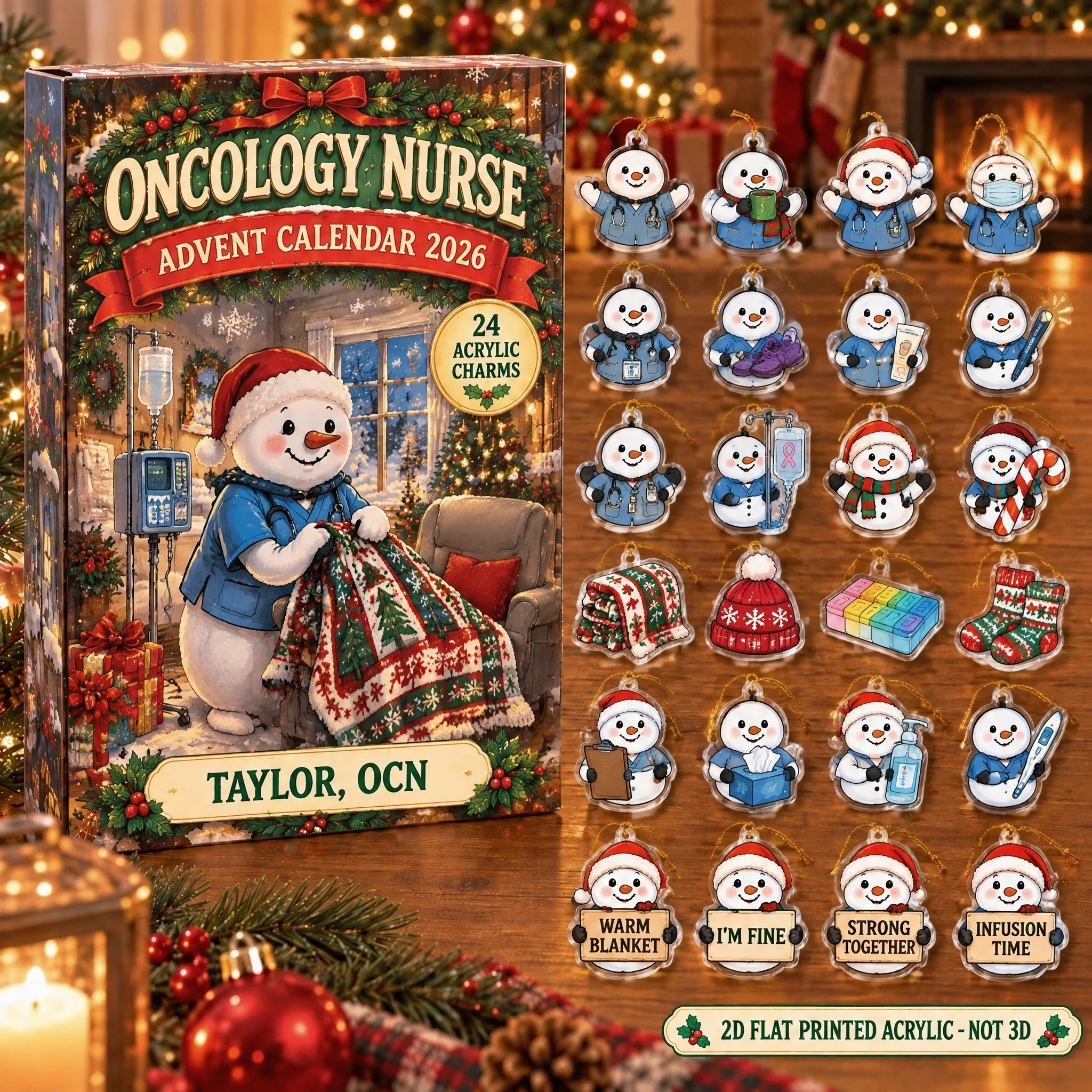 Personalized Oncology Nurse Snowman advent calendar box with 24 flat acrylic Christmas charms