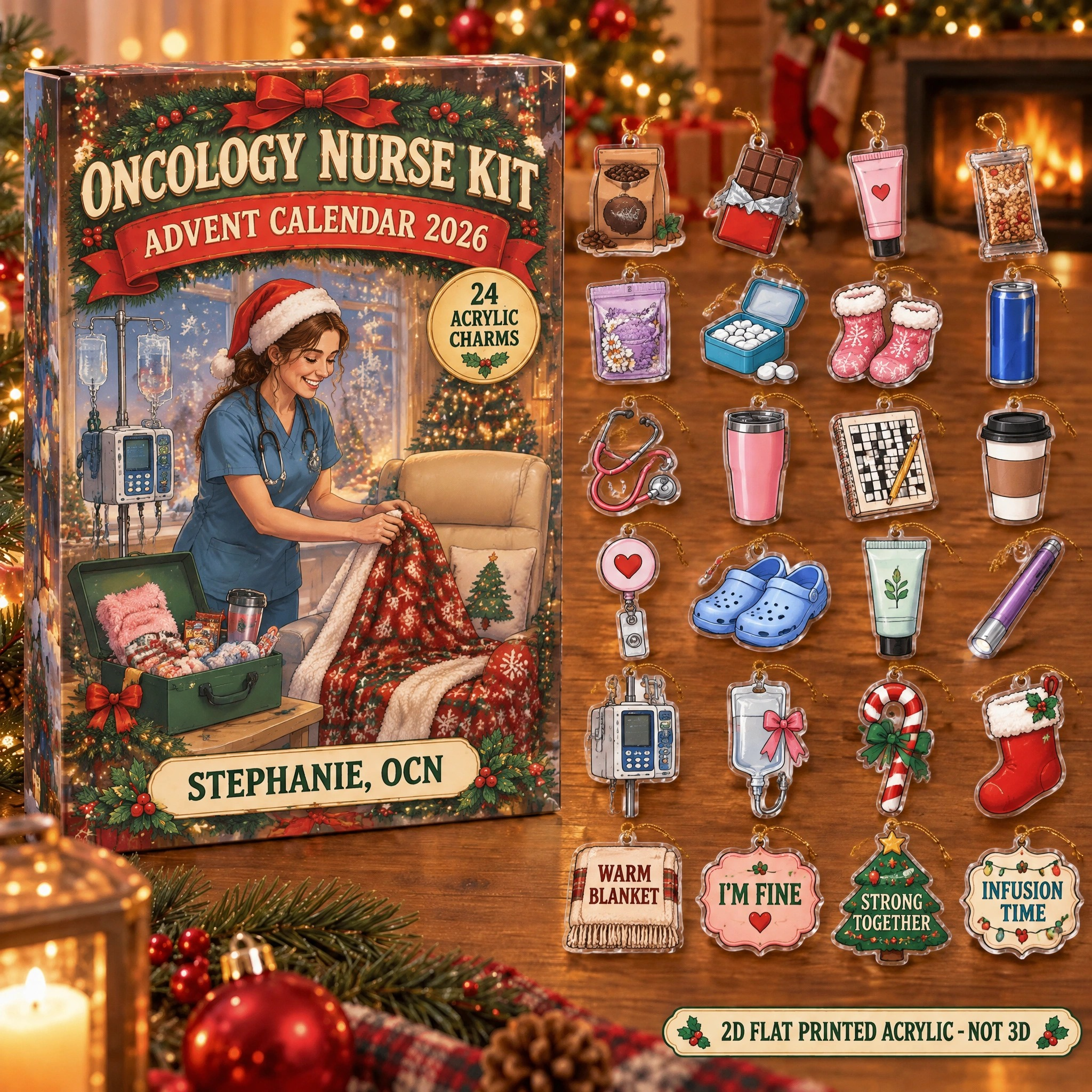 Personalized Oncology Nurse Survival Kit advent calendar box with 24 flat acrylic Christmas charms