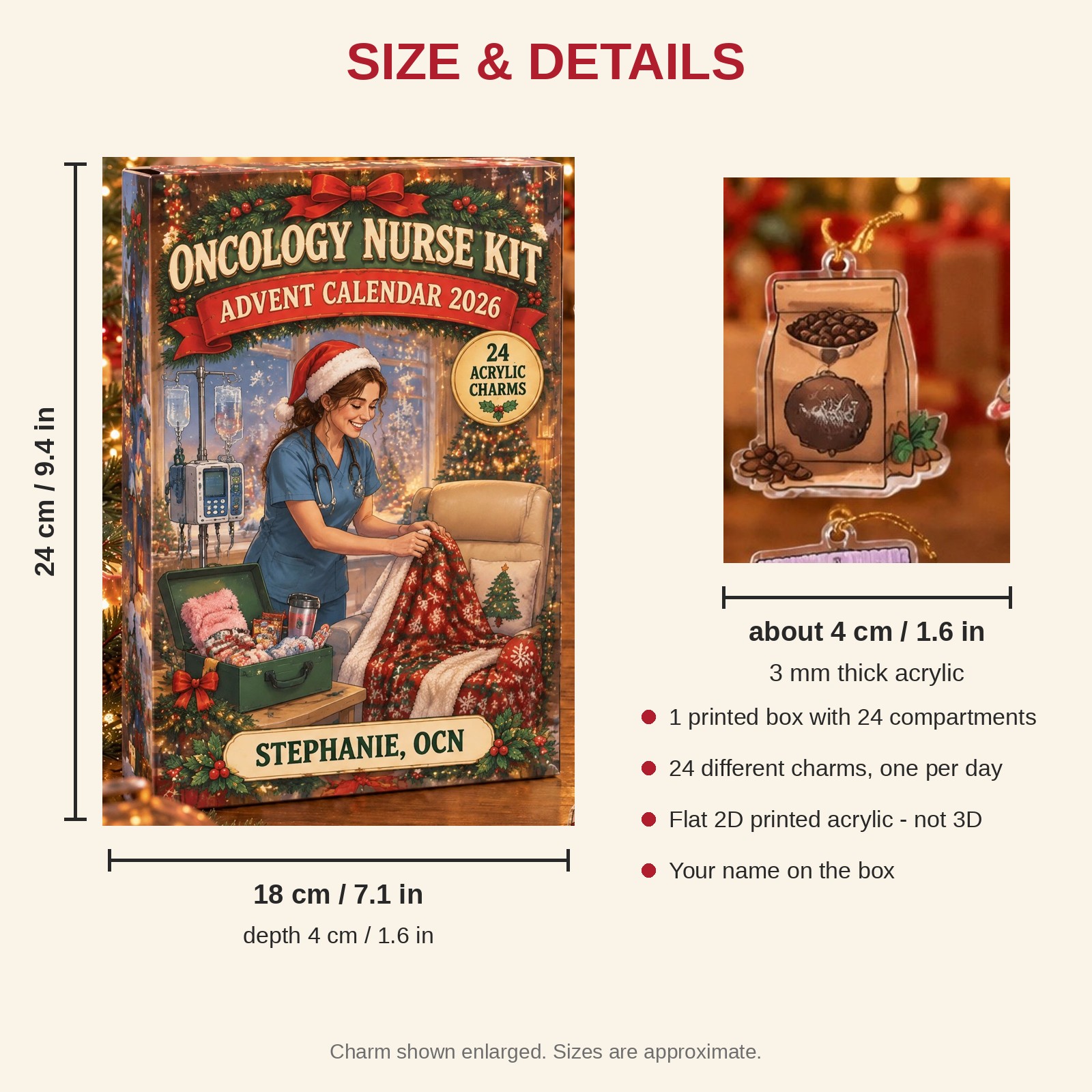 Personalized Oncology Nurse Survival Kit advent calendar box with 24 flat acrylic Christmas charms: box and charm sizes