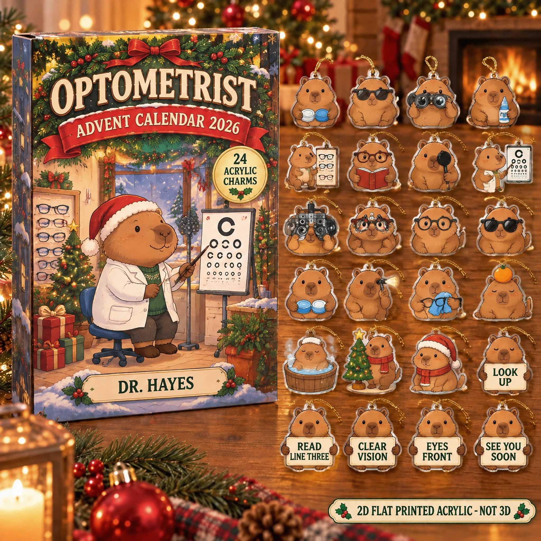 Personalized Optometrist Capybara advent calendar box with 24 flat acrylic Christmas charms