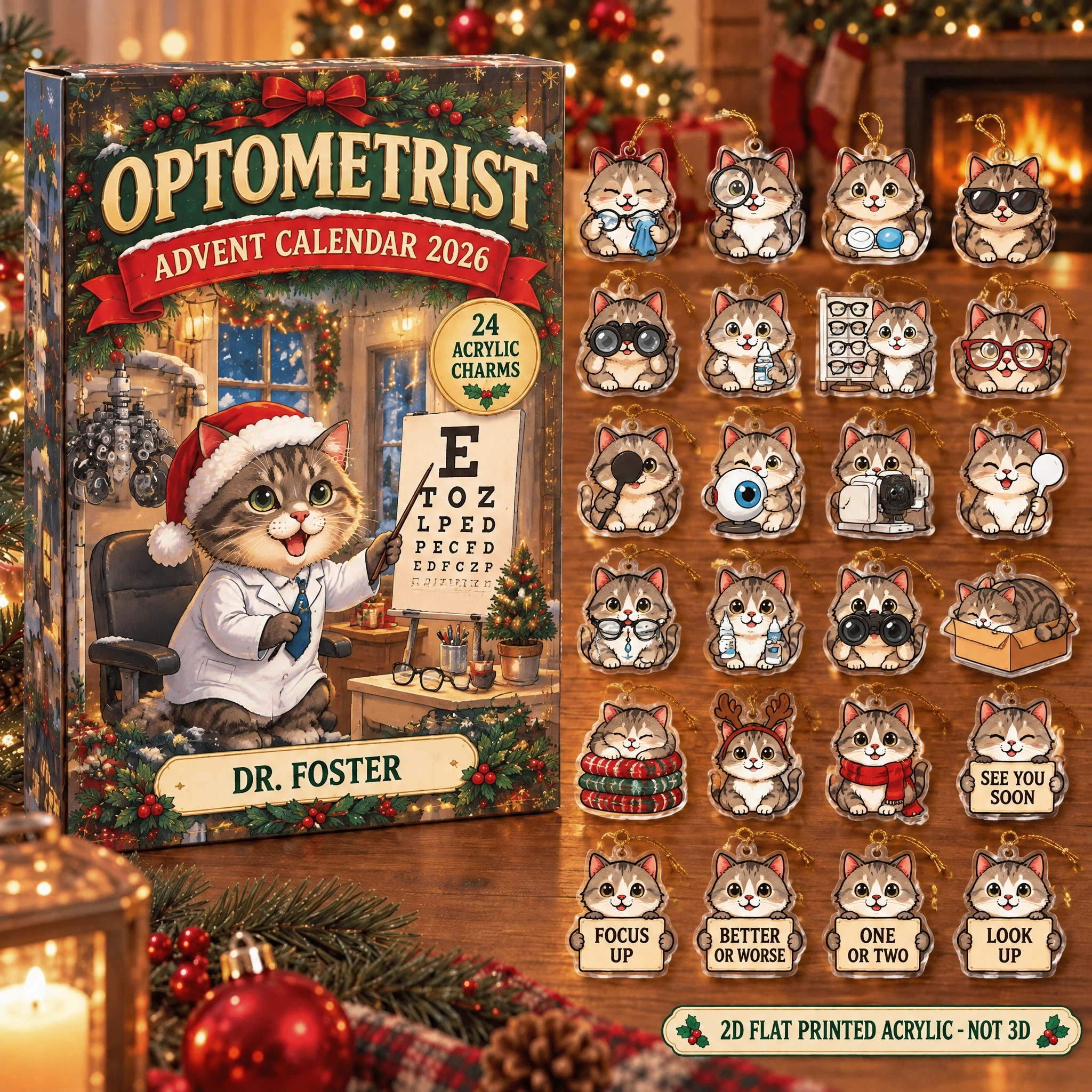 Personalized Optometrist Cat advent calendar box with 24 flat acrylic Christmas charms