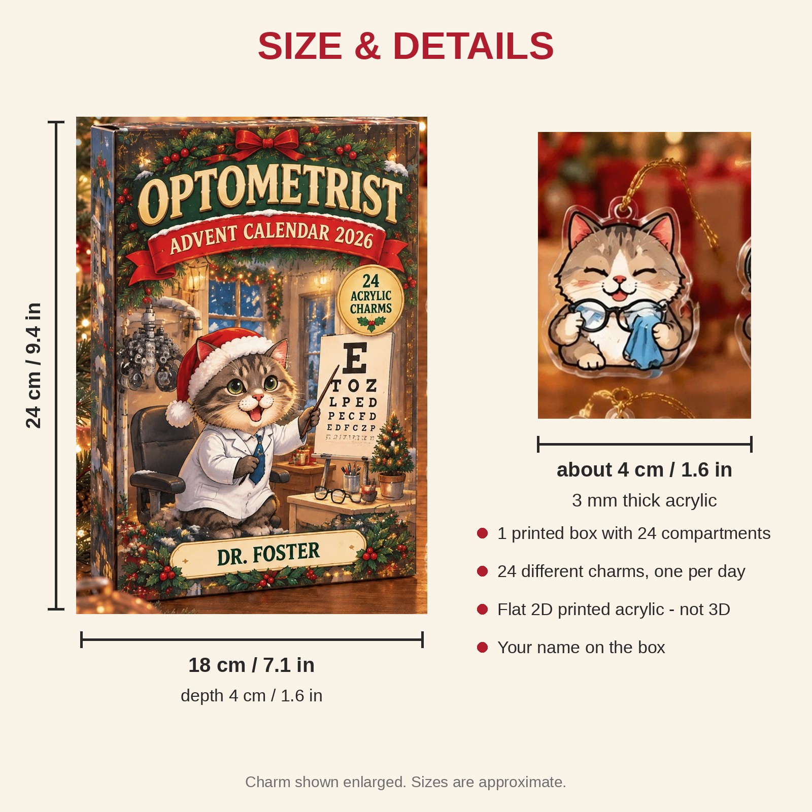 Personalized Optometrist Cat advent calendar box with 24 flat acrylic Christmas charms: box and charm sizes