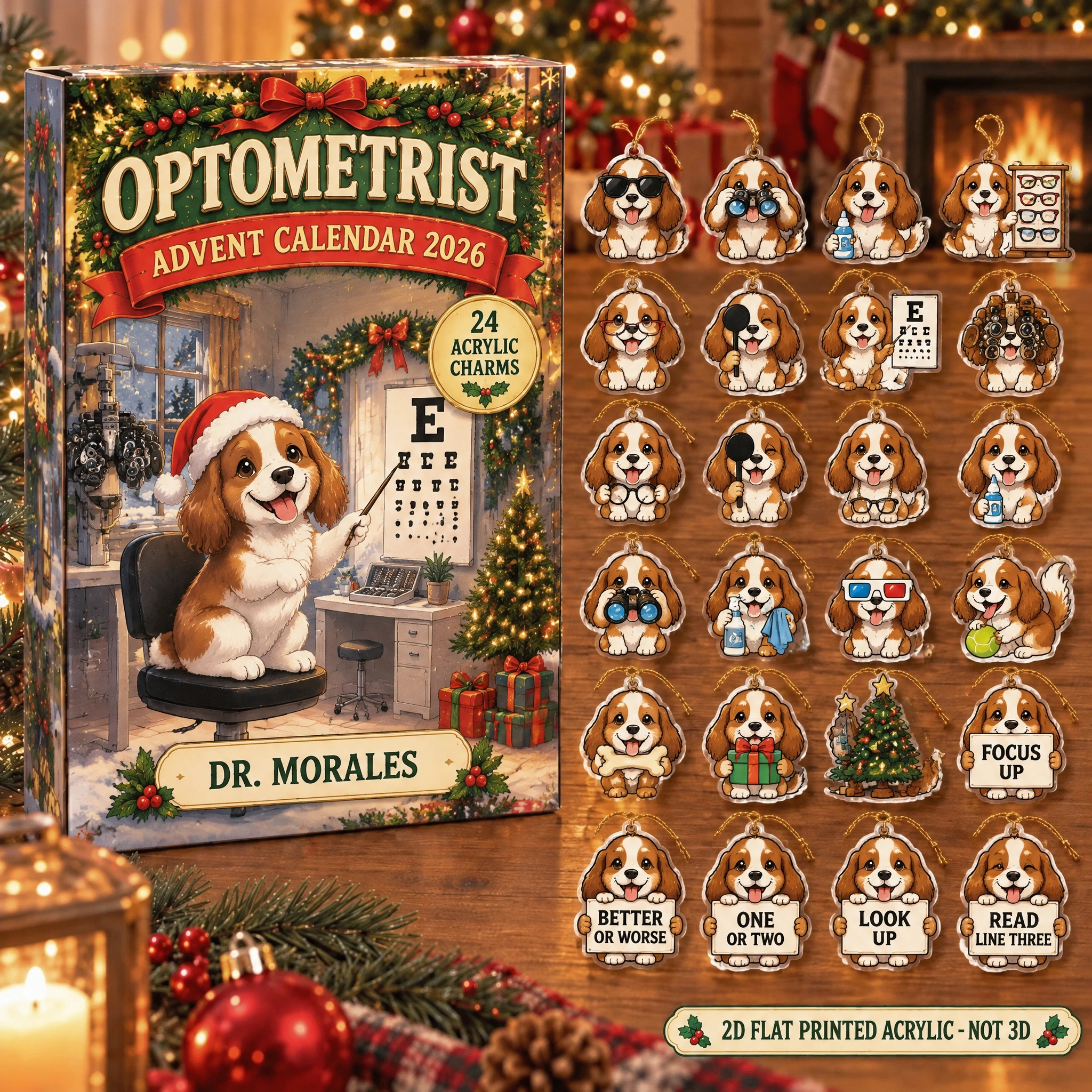 Personalized Optometrist Dog advent calendar box with 24 flat acrylic Christmas charms