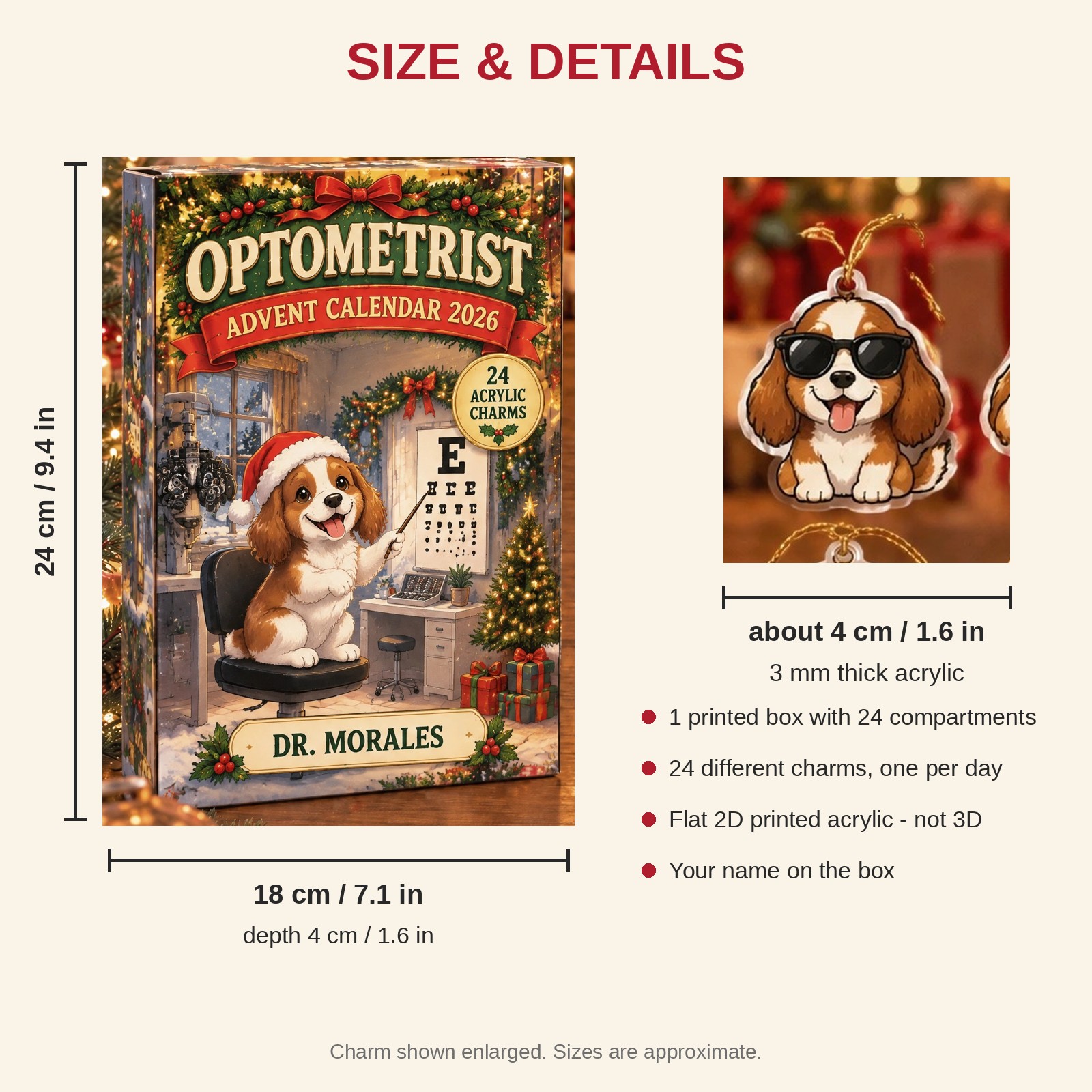 Personalized Optometrist Dog advent calendar box with 24 flat acrylic Christmas charms: box and charm sizes