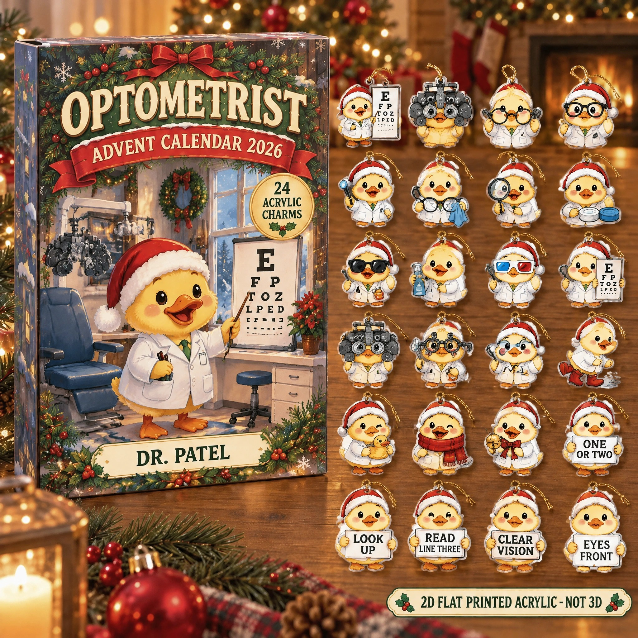 Personalized Optometrist Duck advent calendar box with 24 flat acrylic Christmas charms