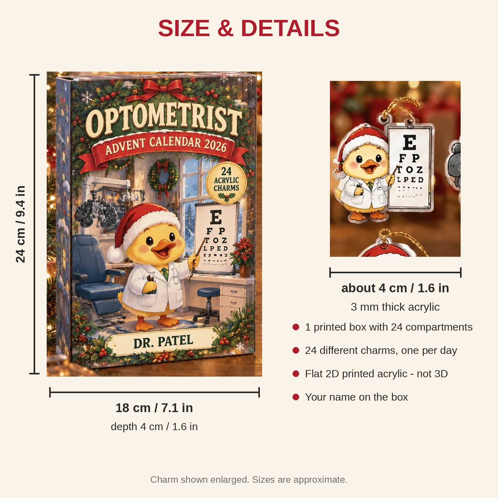 Personalized Optometrist Duck advent calendar box with 24 flat acrylic Christmas charms: box and charm sizes