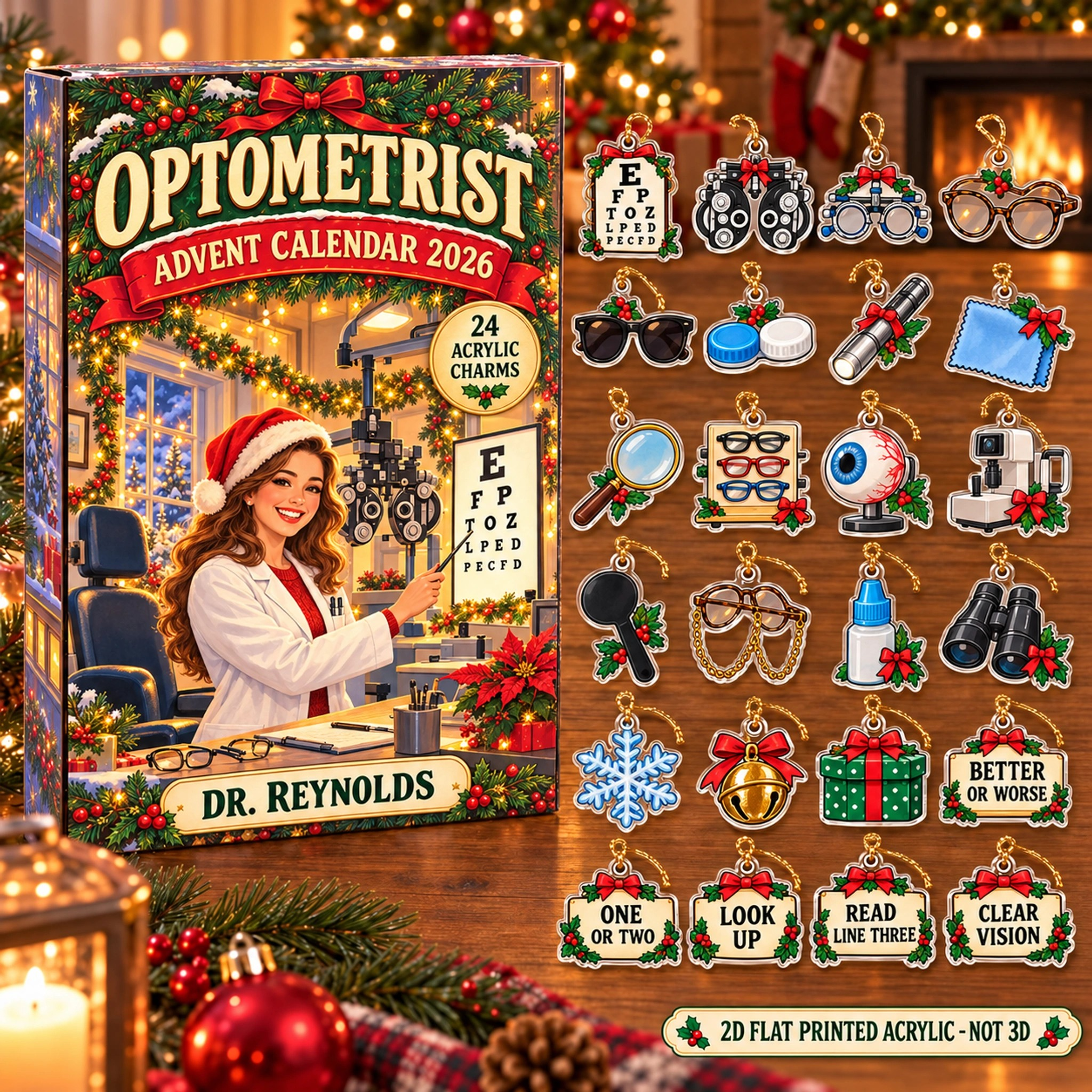 Personalized Optometrist Essentials advent calendar box with 24 flat acrylic Christmas charms