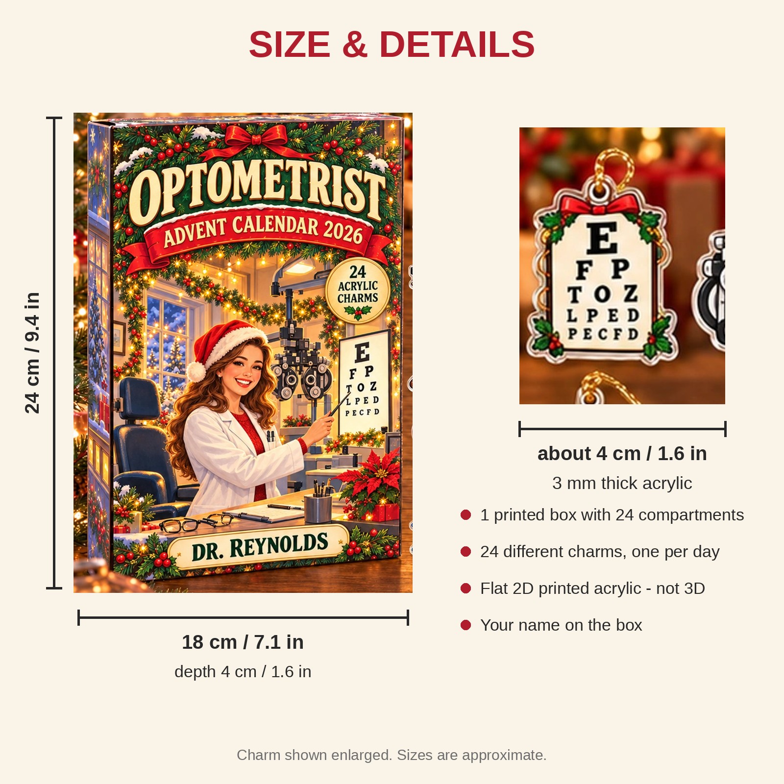 Personalized Optometrist Essentials advent calendar box with 24 flat acrylic Christmas charms: box and charm sizes