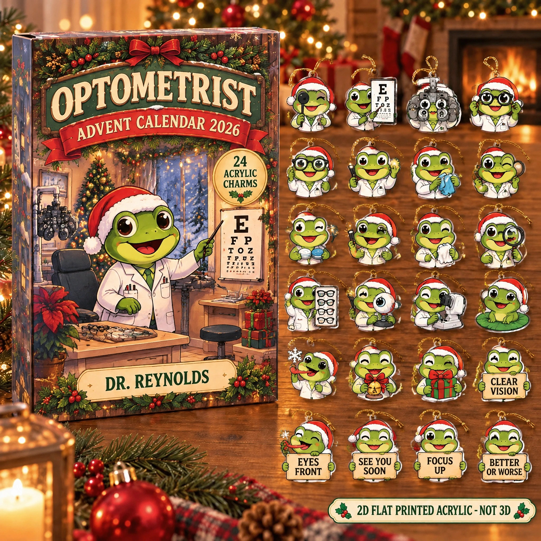 Personalized Optometrist Frog advent calendar box with 24 flat acrylic Christmas charms