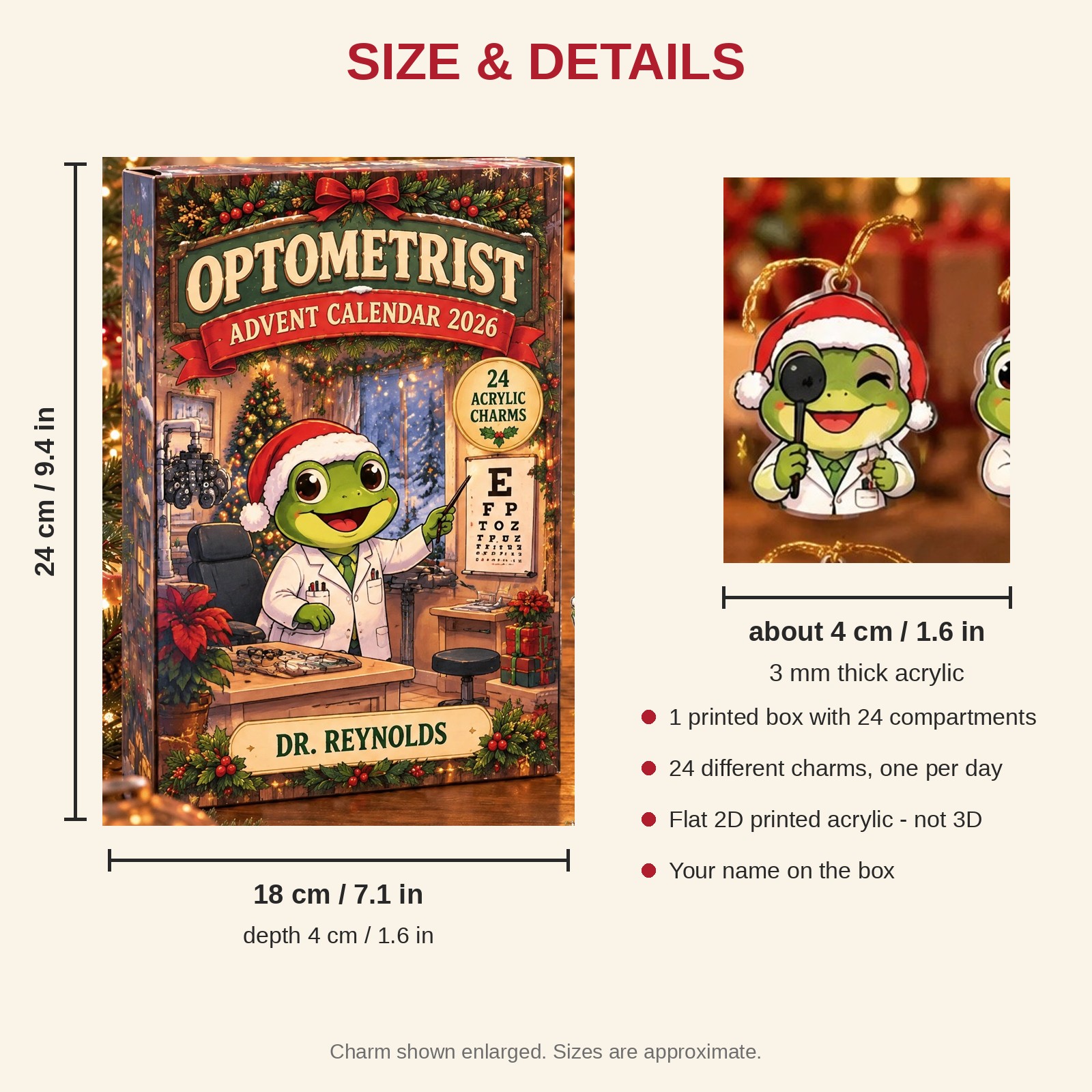 Personalized Optometrist Frog advent calendar box with 24 flat acrylic Christmas charms: box and charm sizes