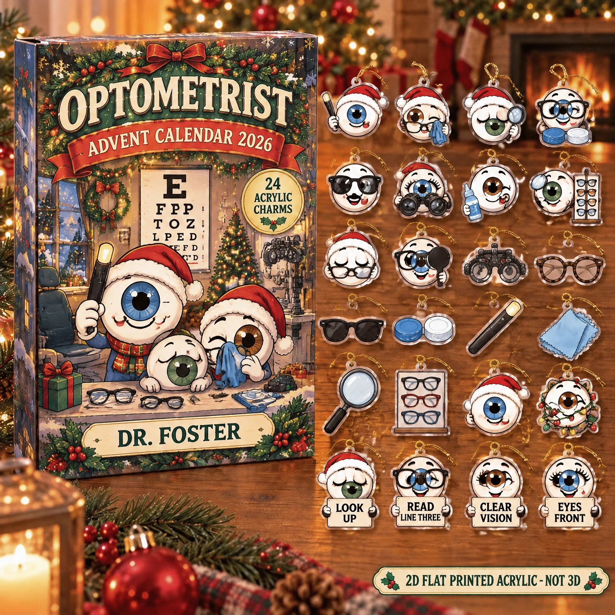 Personalized Funny Anatomy Optometrist advent calendar box with 24 flat acrylic Christmas charms
