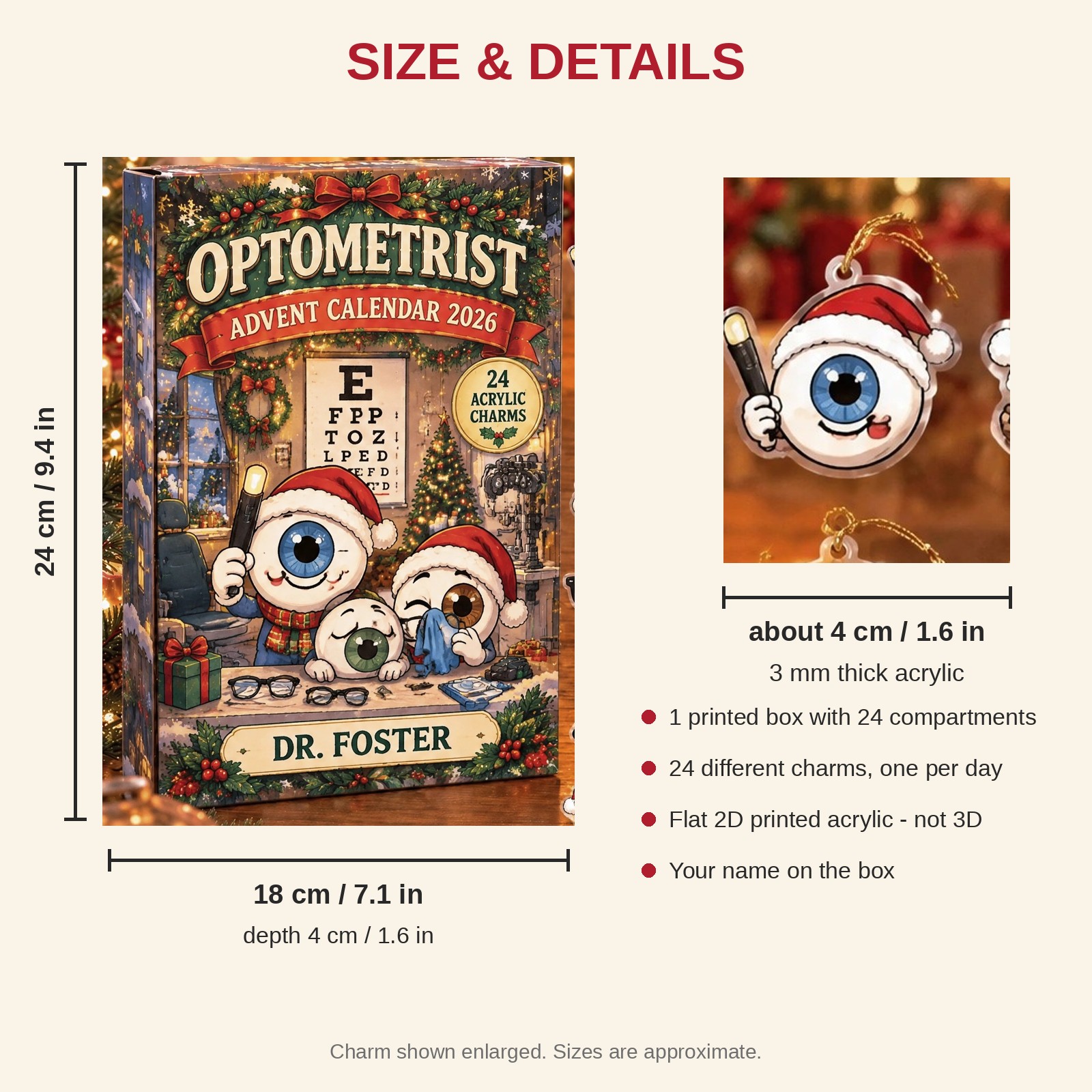 Personalized Funny Anatomy Optometrist advent calendar box with 24 flat acrylic Christmas charms: box and charm sizes