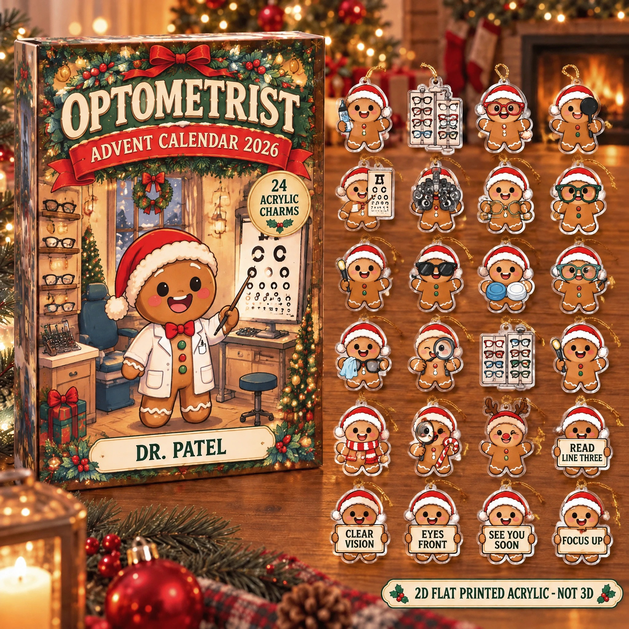 Personalized Gingerbread Optometrist advent calendar box with 24 flat acrylic Christmas charms