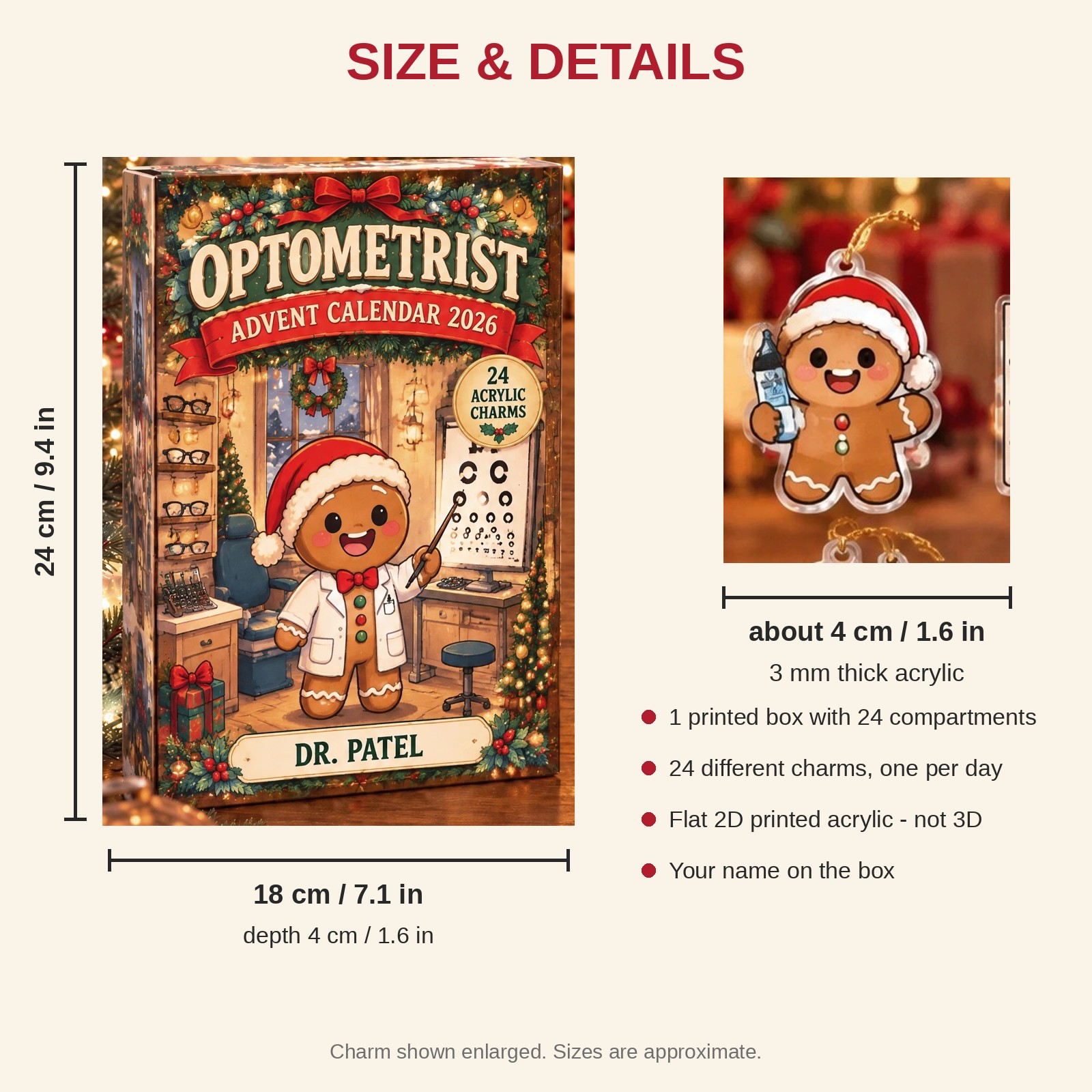 Personalized Gingerbread Optometrist advent calendar box with 24 flat acrylic Christmas charms: box and charm sizes