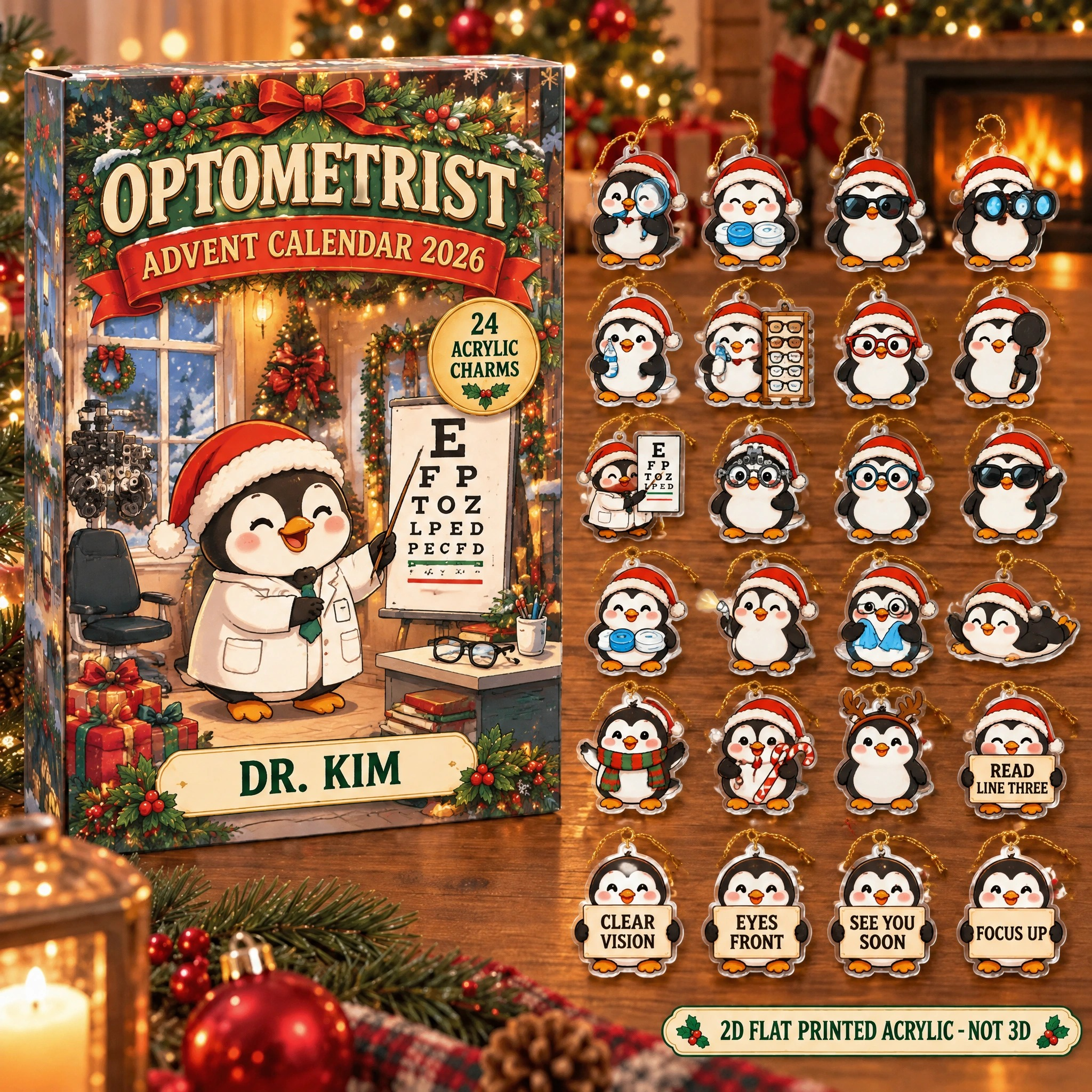 Personalized Optometrist Penguin advent calendar box with 24 flat acrylic Christmas charms