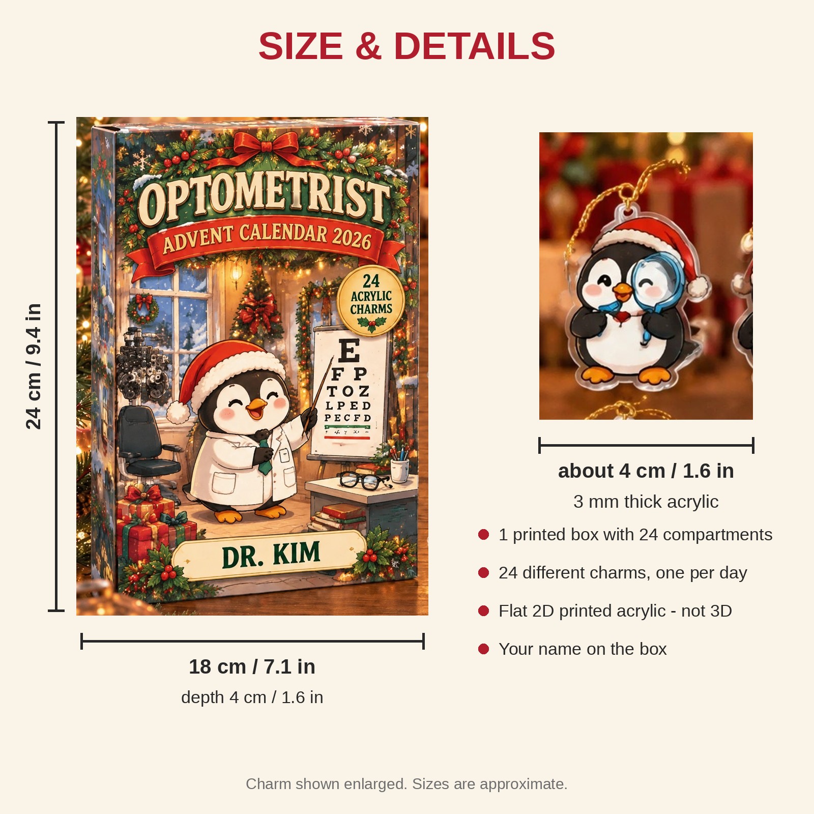 Personalized Optometrist Penguin advent calendar box with 24 flat acrylic Christmas charms: box and charm sizes