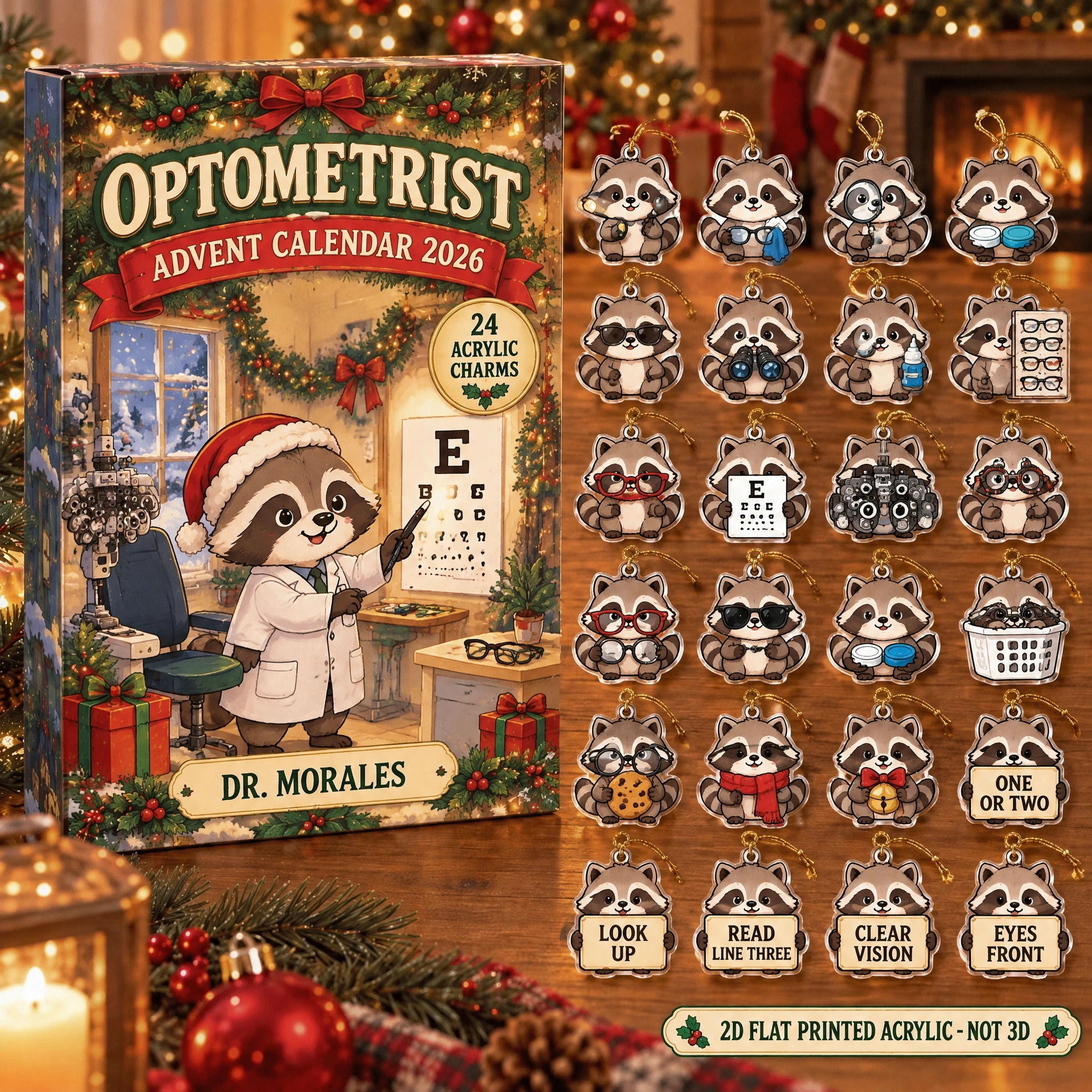 Personalized Optometrist Raccoon advent calendar box with 24 flat acrylic Christmas charms
