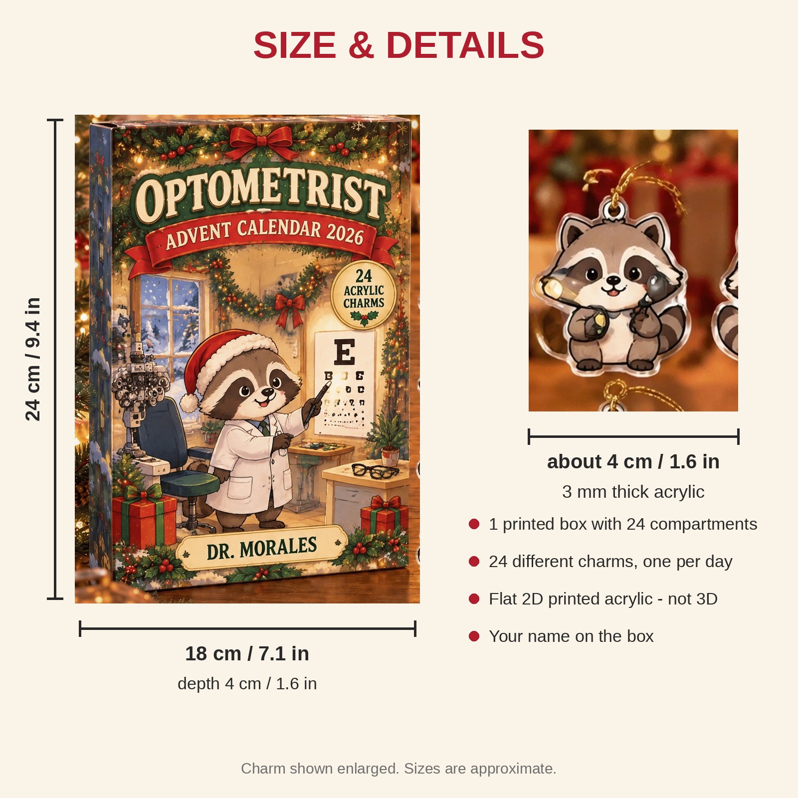 Personalized Optometrist Raccoon advent calendar box with 24 flat acrylic Christmas charms: box and charm sizes
