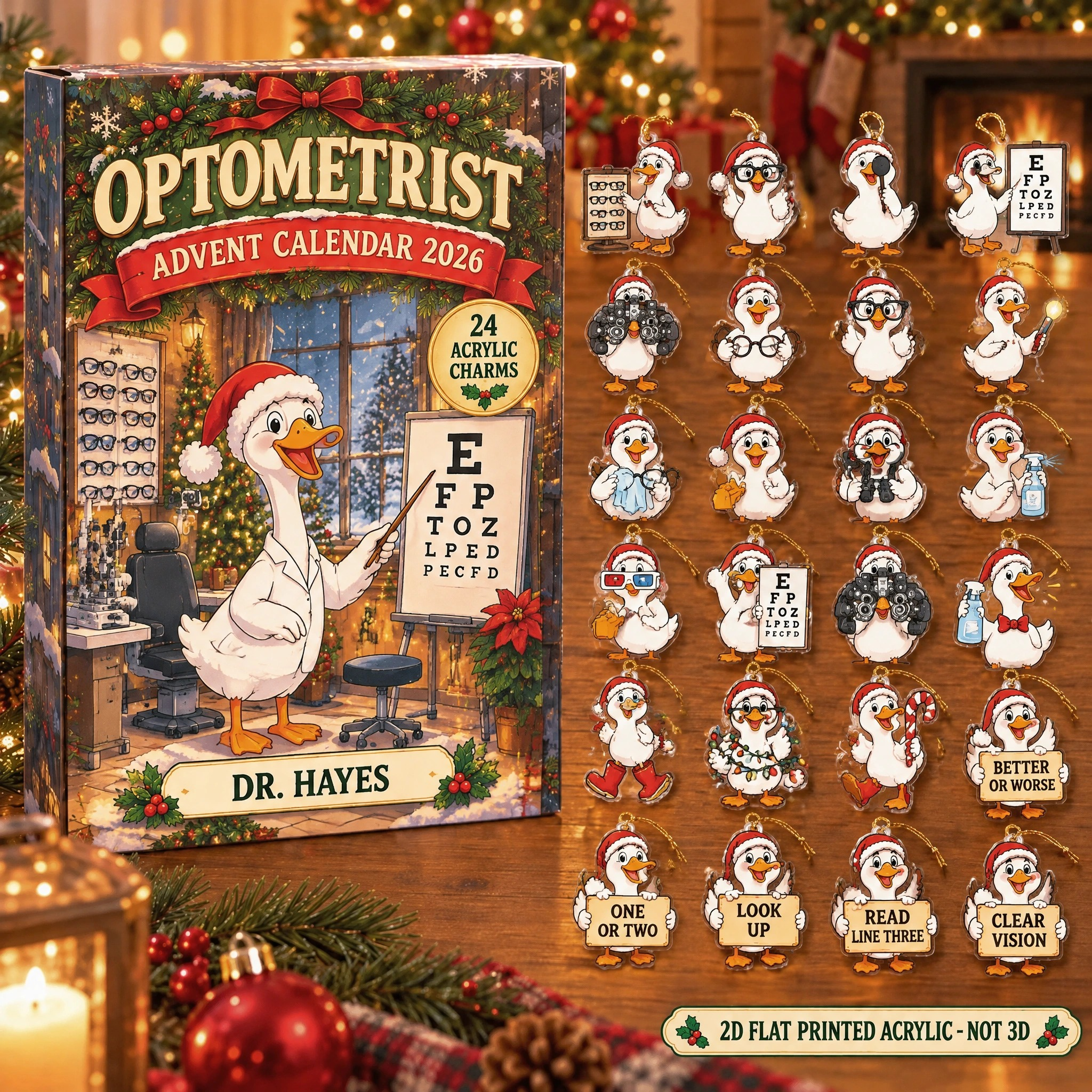 Personalized Optometrist Silly Goose advent calendar box with 24 flat acrylic Christmas charms