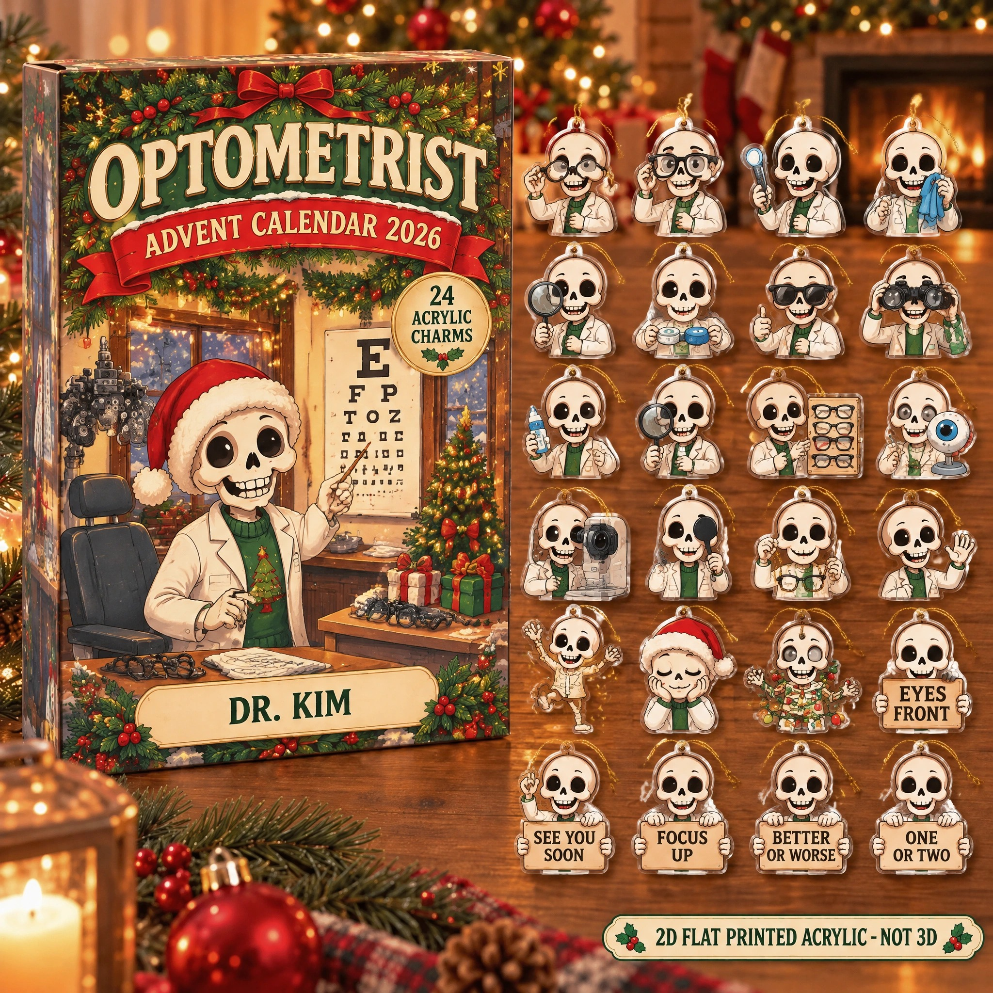 Personalized Optometrist Skeleton advent calendar box with 24 flat acrylic Christmas charms