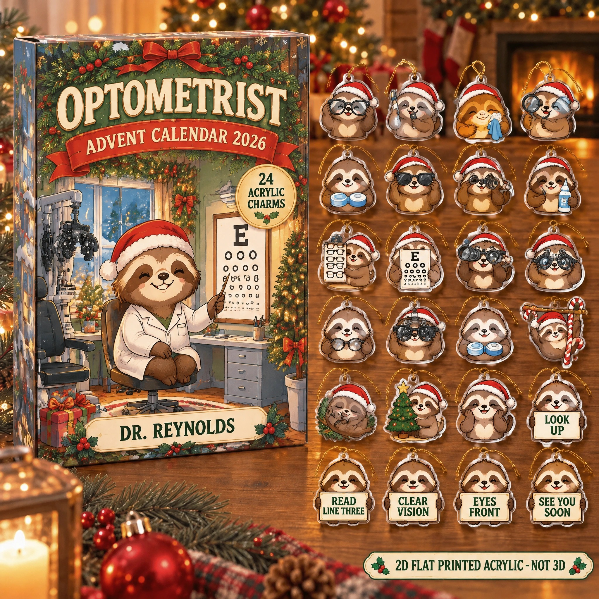Personalized Optometrist Sloth advent calendar box with 24 flat acrylic Christmas charms