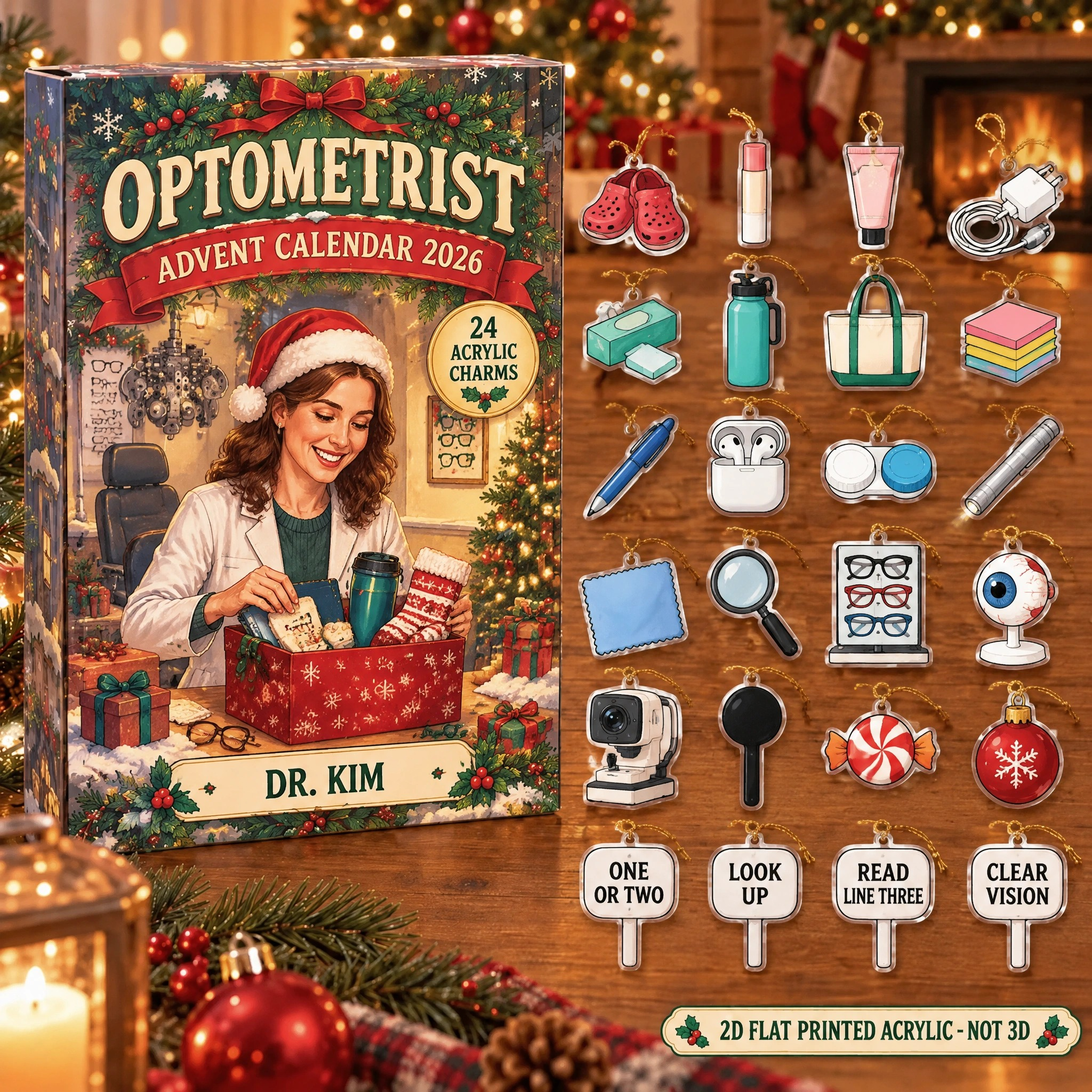 Personalized Optometrist Survival Kit advent calendar box with 24 flat acrylic Christmas charms