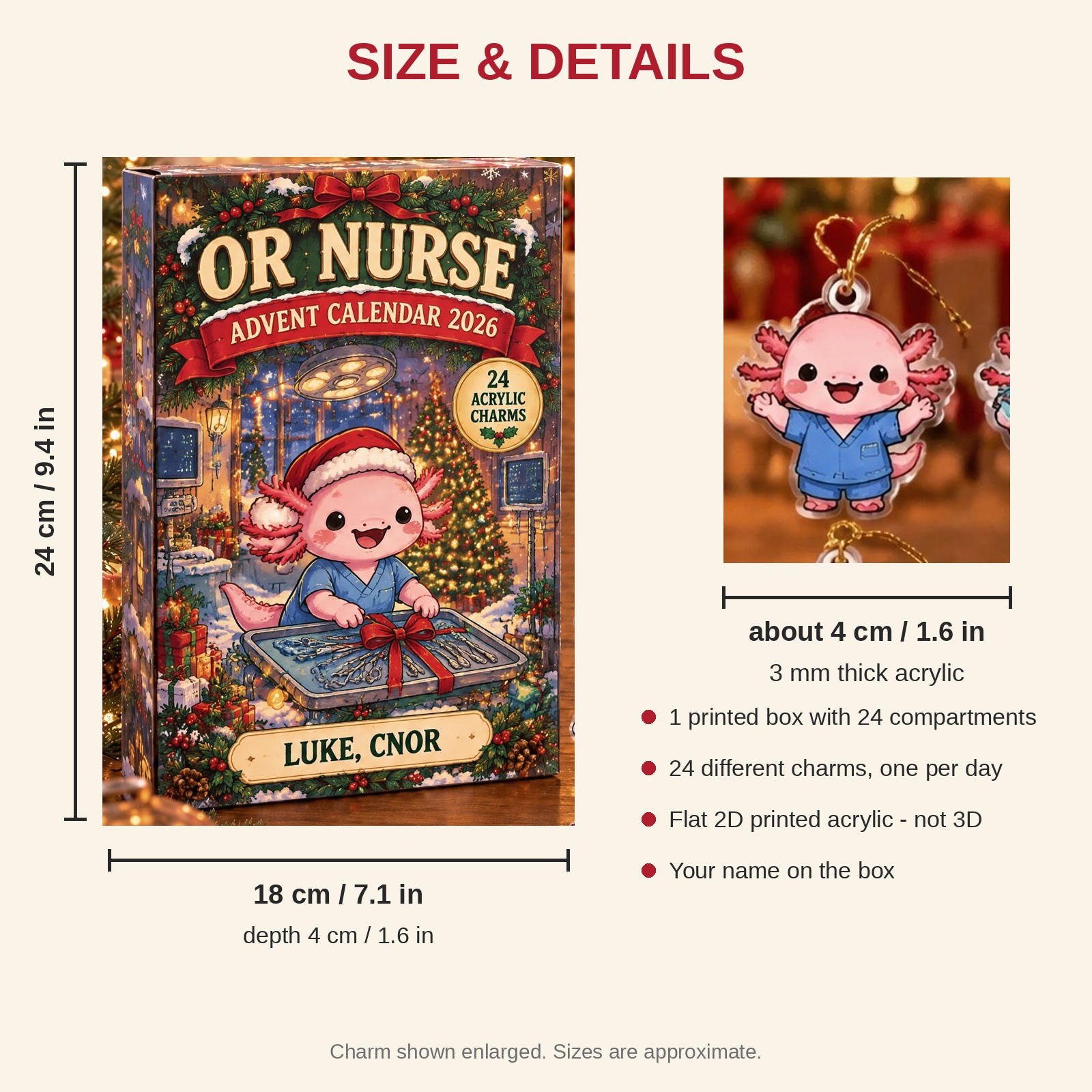 Personalized OR Nurse Axolotl advent calendar box with 24 flat acrylic Christmas charms: box and charm sizes