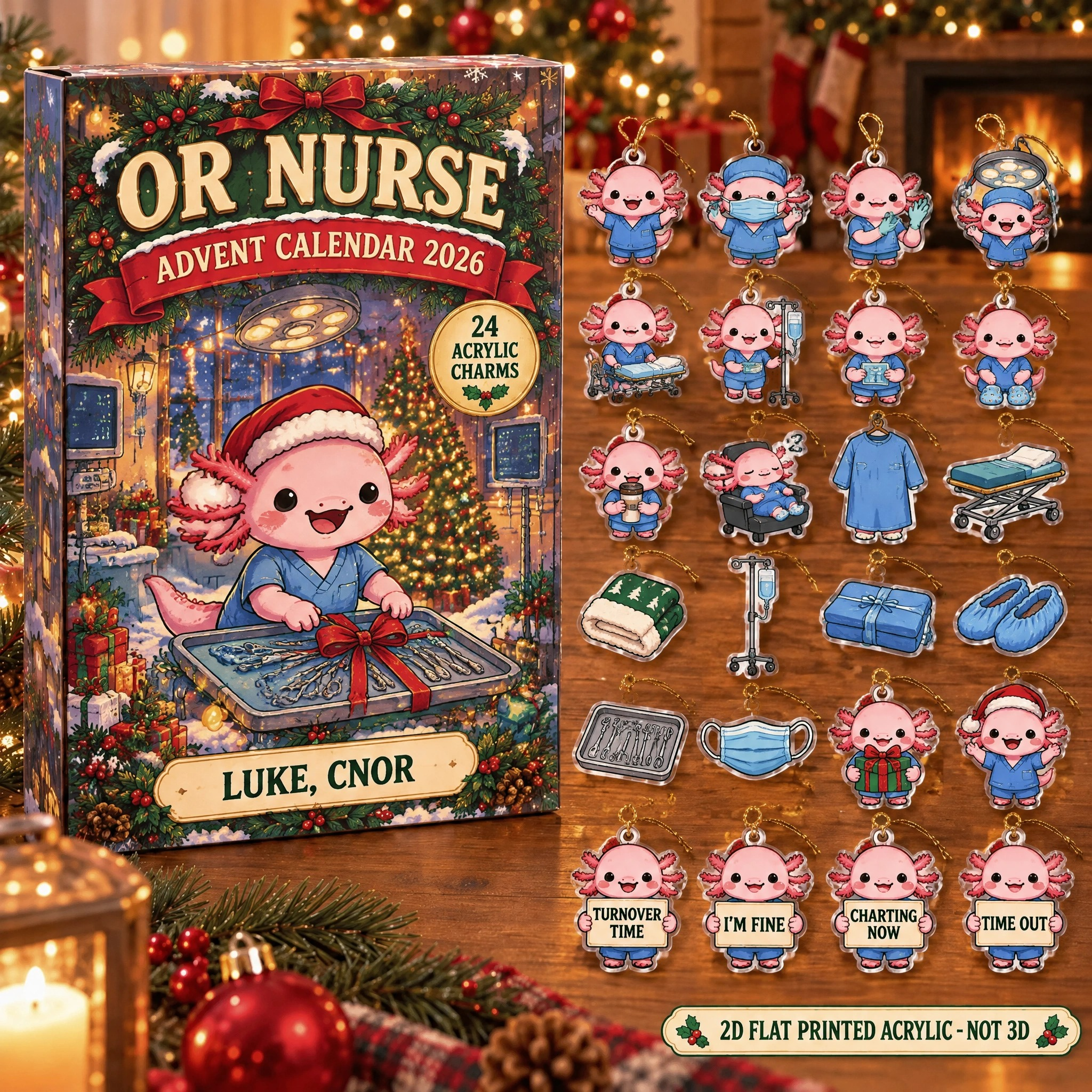 Personalized OR Nurse Axolotl advent calendar box with 24 flat acrylic Christmas charms