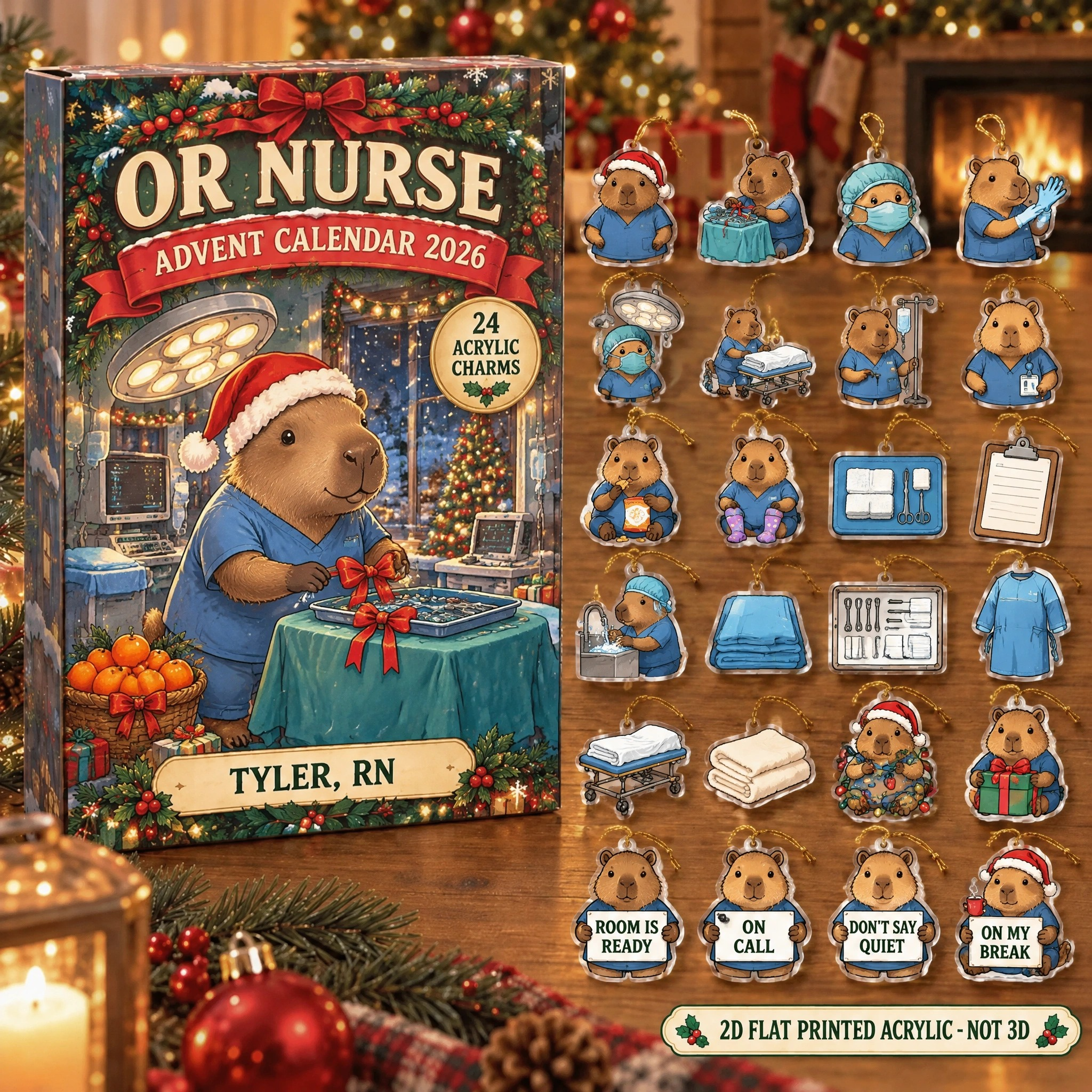 Personalized OR Nurse Capybara advent calendar box with 24 flat acrylic Christmas charms