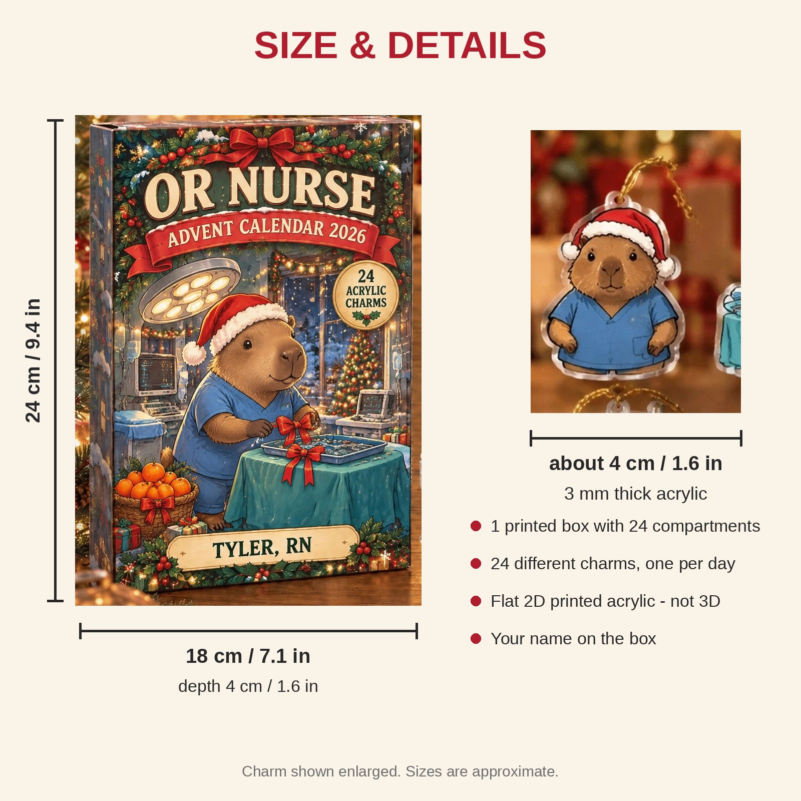 Personalized OR Nurse Capybara advent calendar box with 24 flat acrylic Christmas charms: box and charm sizes