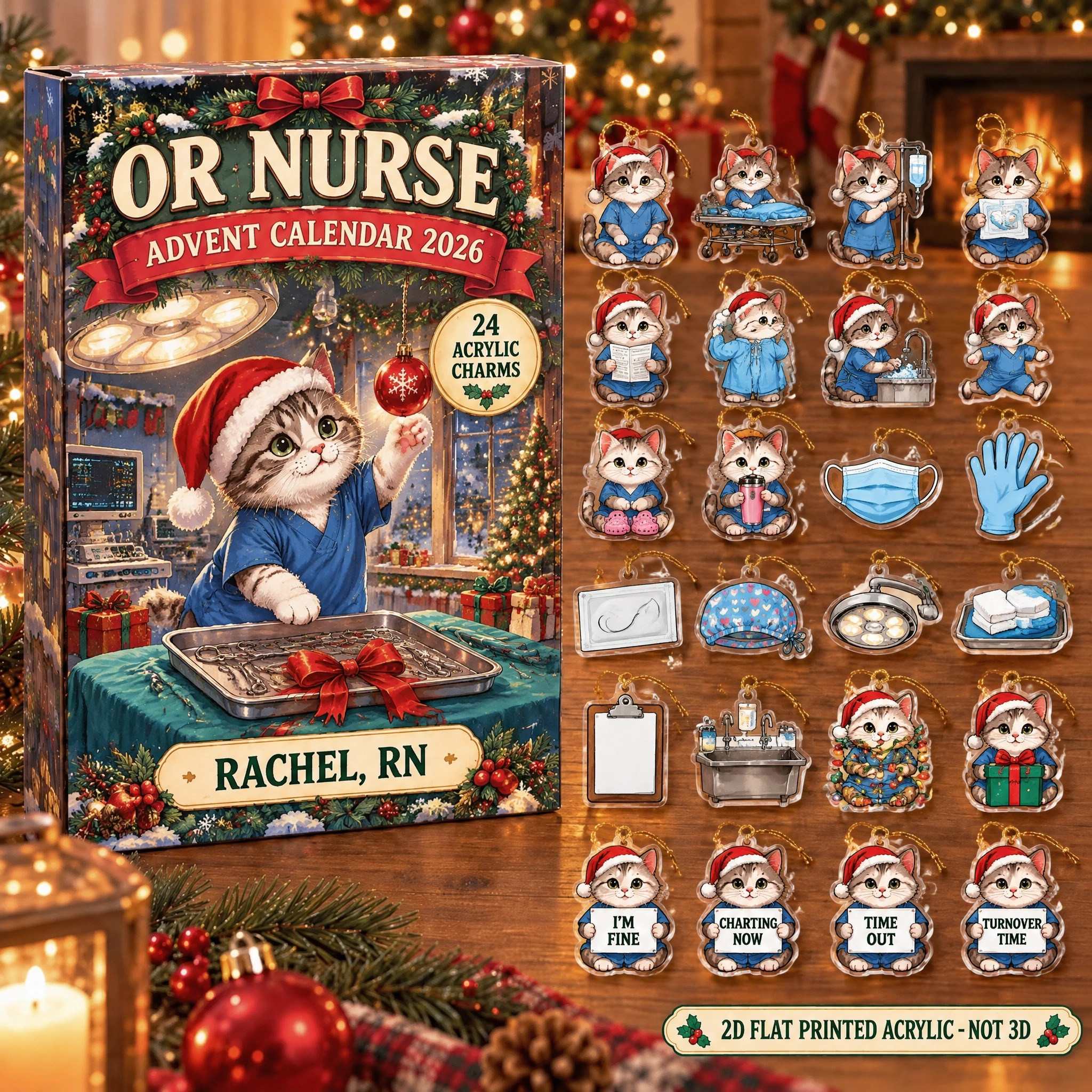 Personalized OR Nurse Cat advent calendar box with 24 flat acrylic Christmas charms
