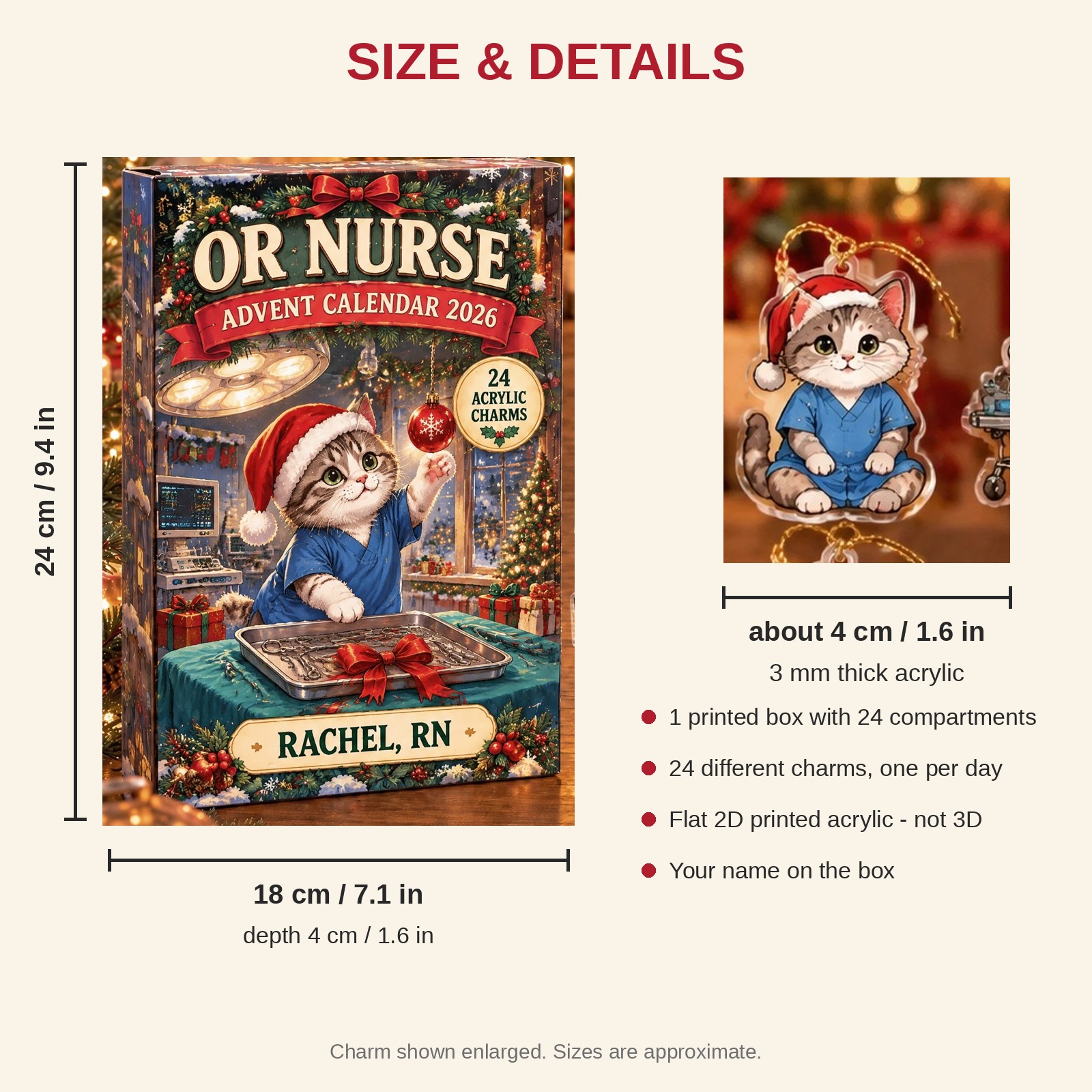 Personalized OR Nurse Cat advent calendar box with 24 flat acrylic Christmas charms: box and charm sizes