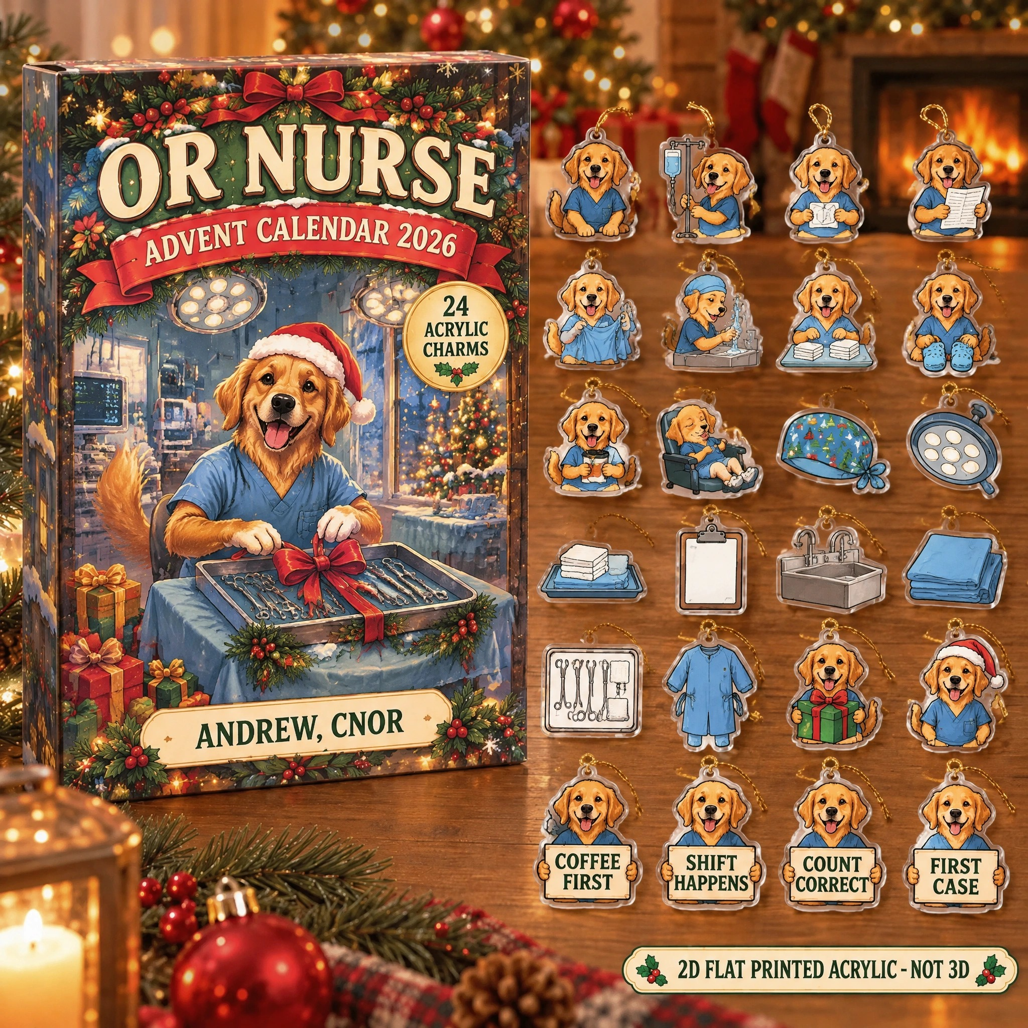 Personalized OR Nurse Dog advent calendar box with 24 flat acrylic Christmas charms