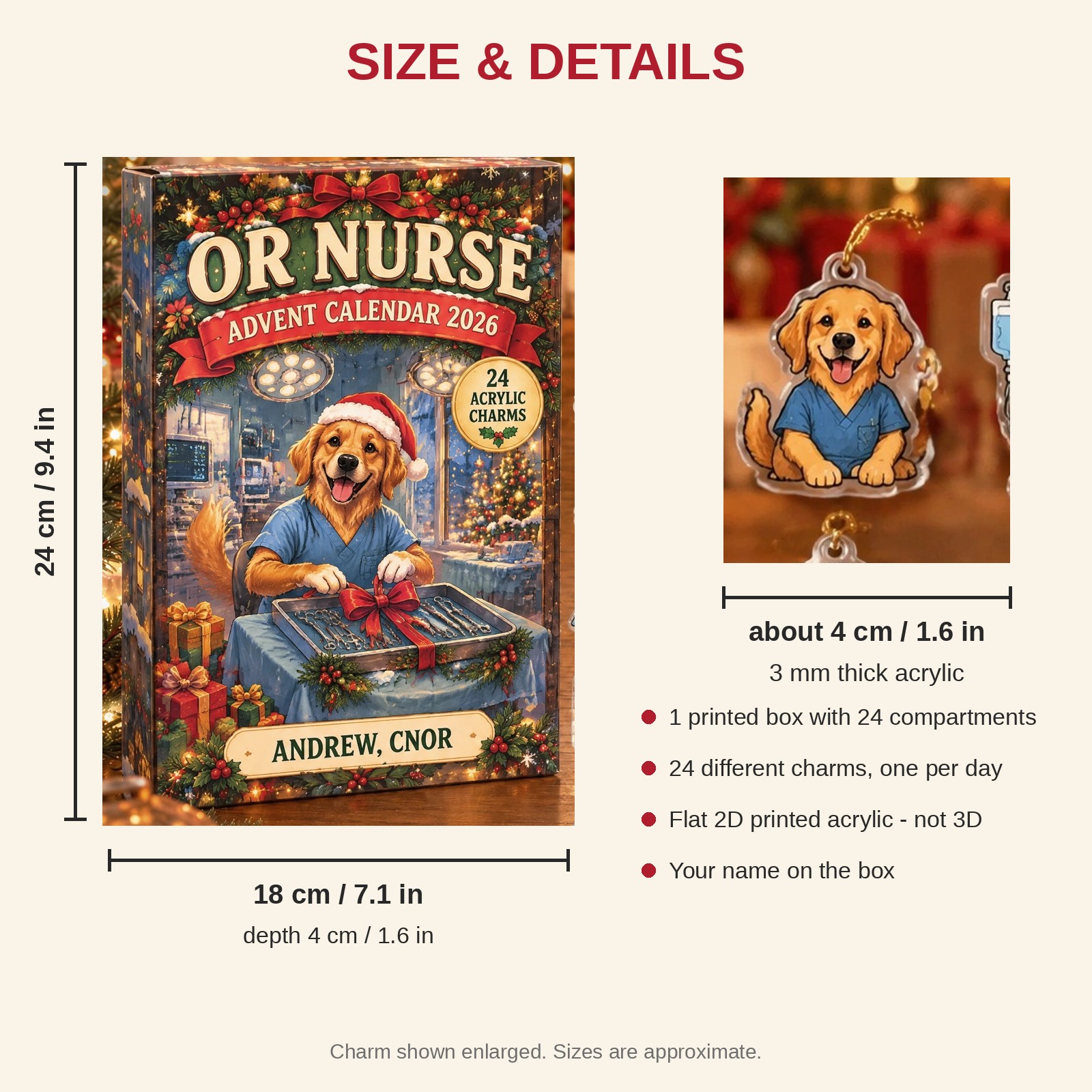 Personalized OR Nurse Dog advent calendar box with 24 flat acrylic Christmas charms: box and charm sizes