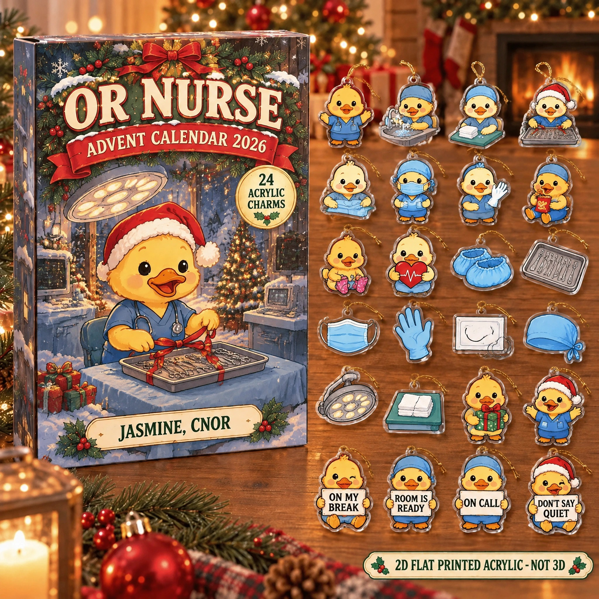 Personalized OR Nurse Duck advent calendar box with 24 flat acrylic Christmas charms