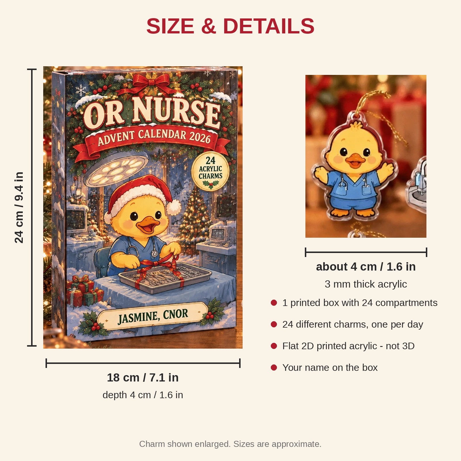 Personalized OR Nurse Duck advent calendar box with 24 flat acrylic Christmas charms: box and charm sizes