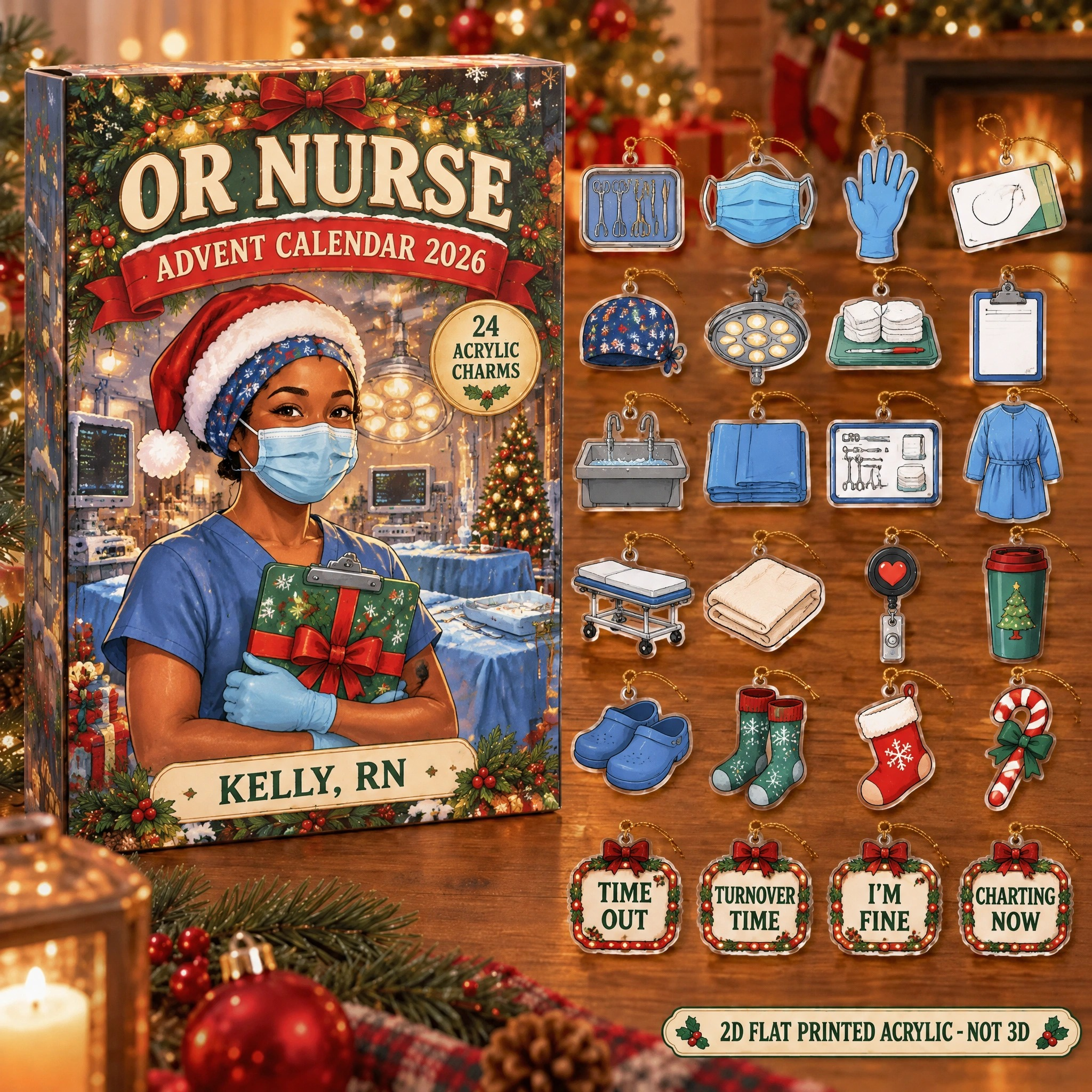 Personalized OR Nurse Essentials advent calendar box with 24 flat acrylic Christmas charms