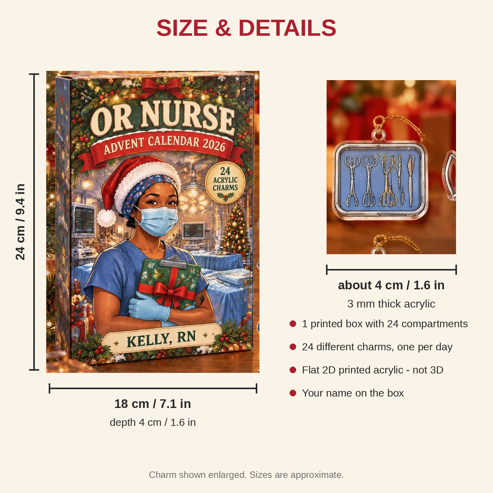 Personalized OR Nurse Essentials advent calendar box with 24 flat acrylic Christmas charms: box and charm sizes