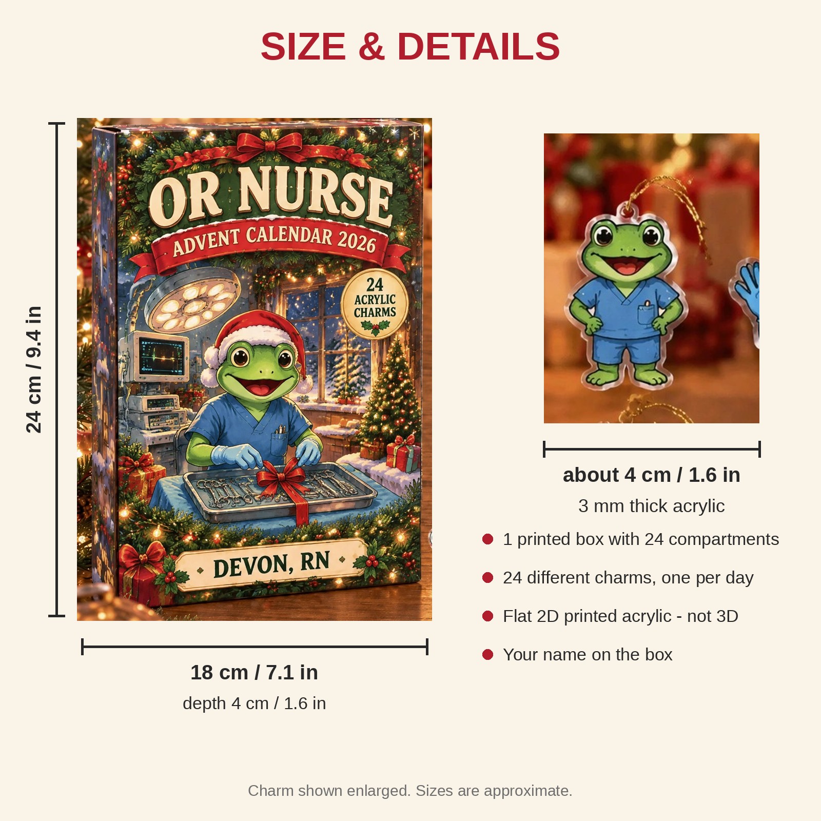 Personalized OR Nurse Frog advent calendar box with 24 flat acrylic Christmas charms: box and charm sizes