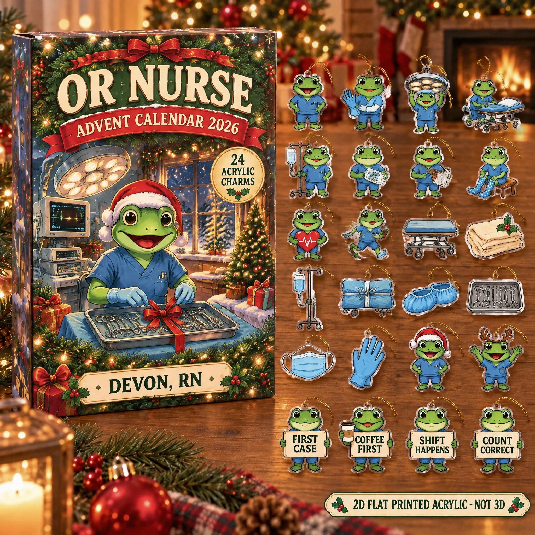 Personalized OR Nurse Frog advent calendar box with 24 flat acrylic Christmas charms