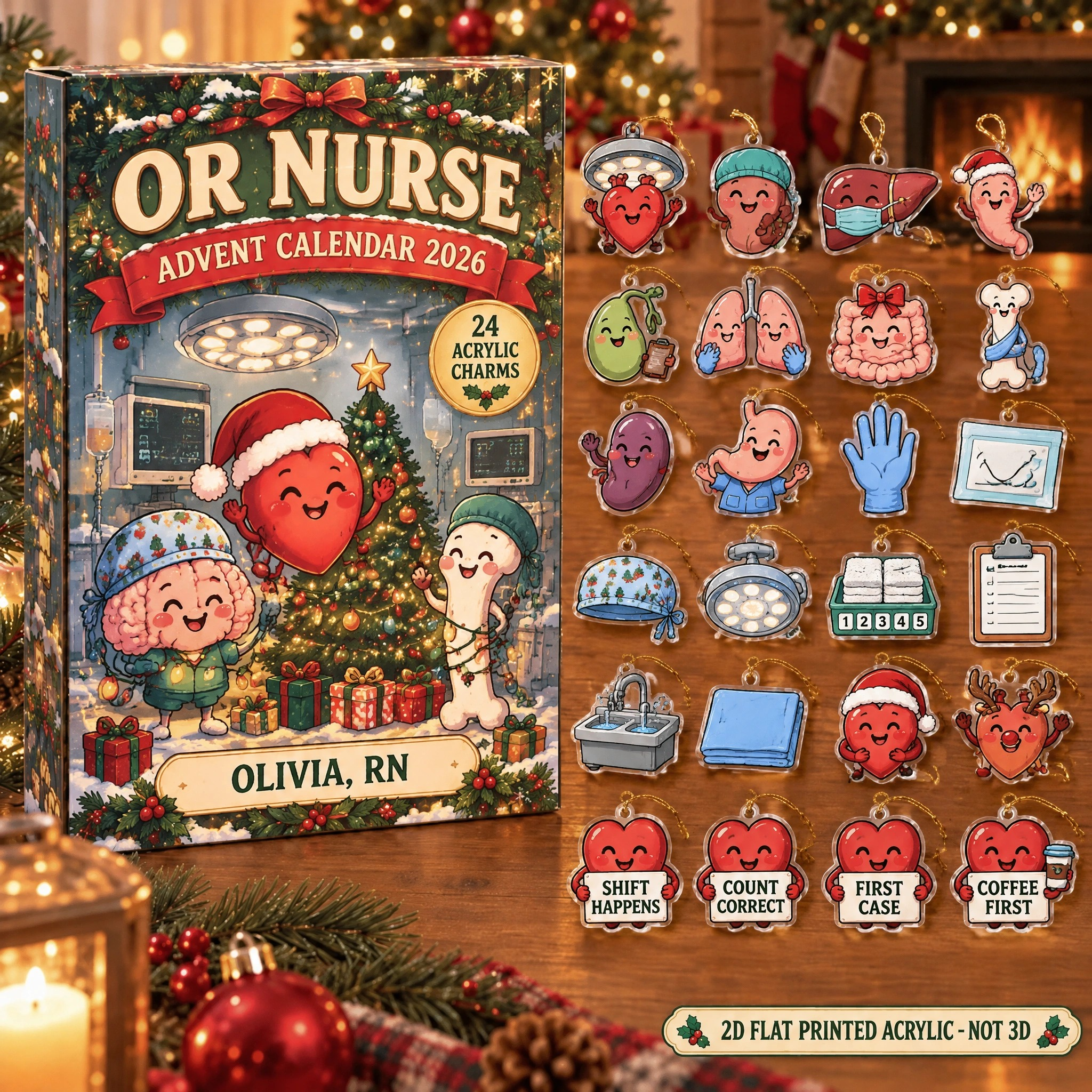 Personalized Funny Anatomy OR Nurse advent calendar box with 24 flat acrylic Christmas charms