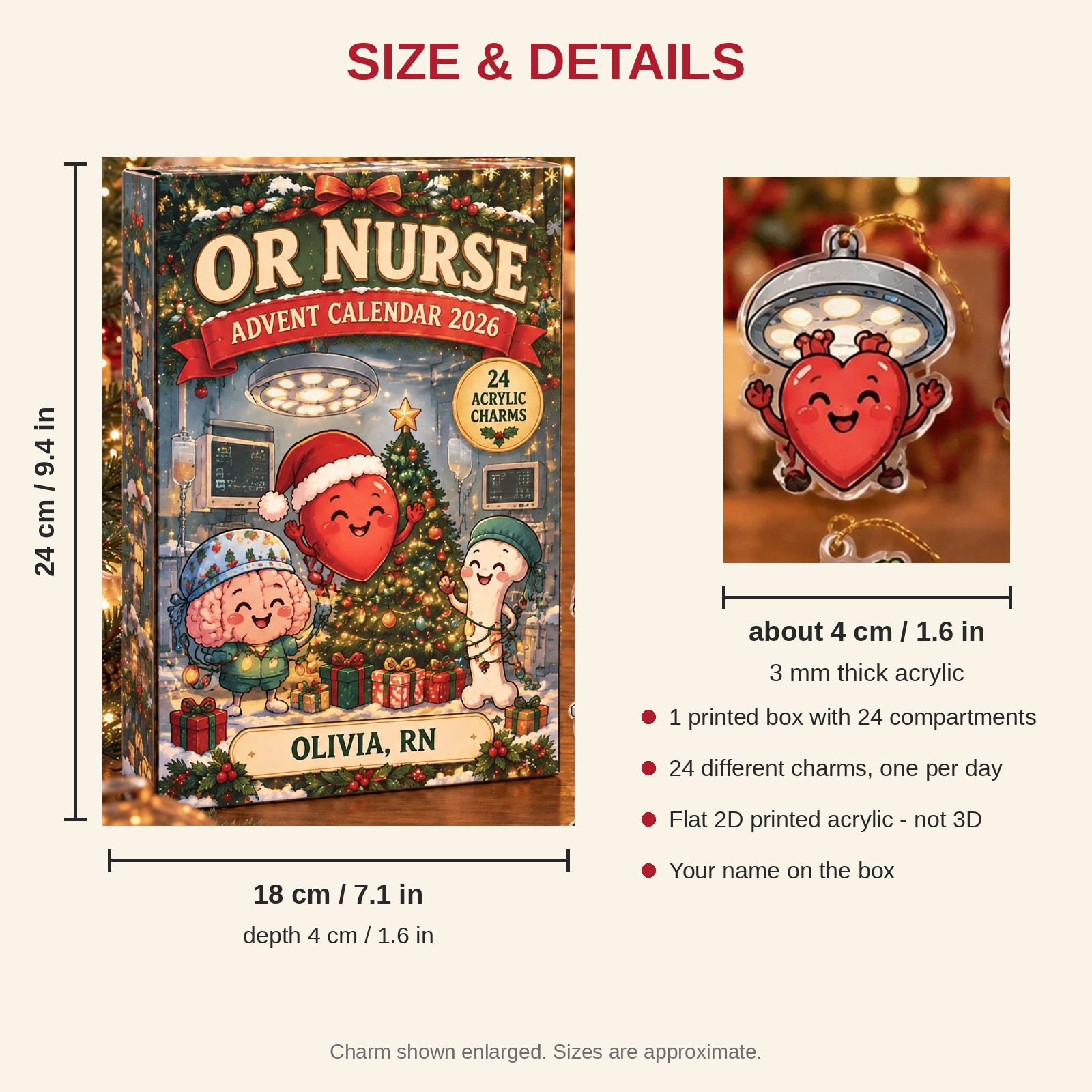 Personalized Funny Anatomy OR Nurse advent calendar box with 24 flat acrylic Christmas charms: box and charm sizes