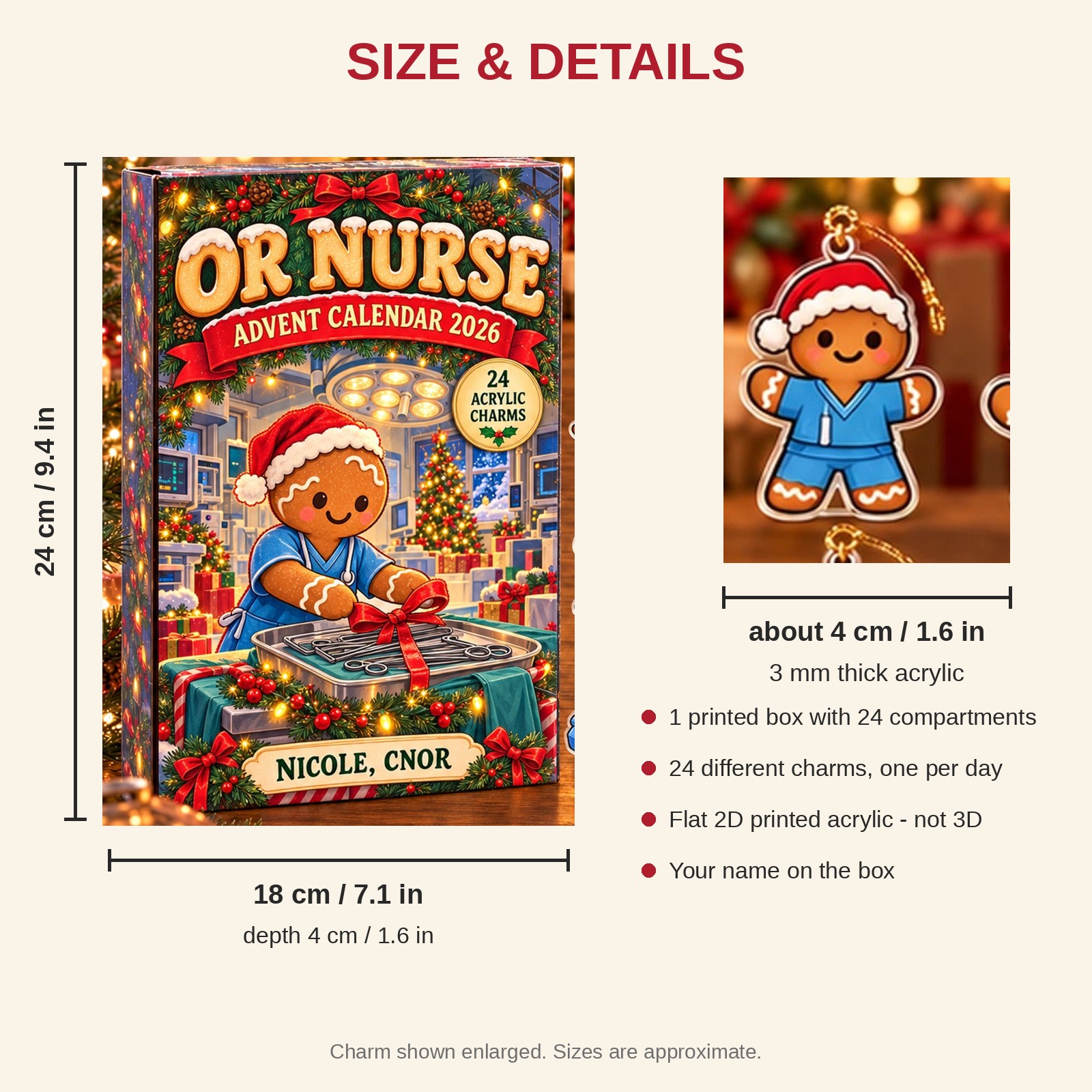 Personalized Gingerbread OR Nurse advent calendar box with 24 flat acrylic Christmas charms: box and charm sizes