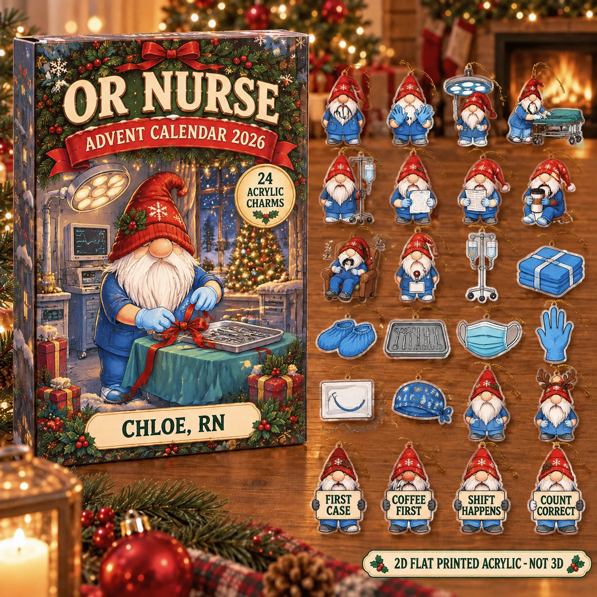 Personalized OR Nurse Gnome advent calendar box with 24 flat acrylic Christmas charms