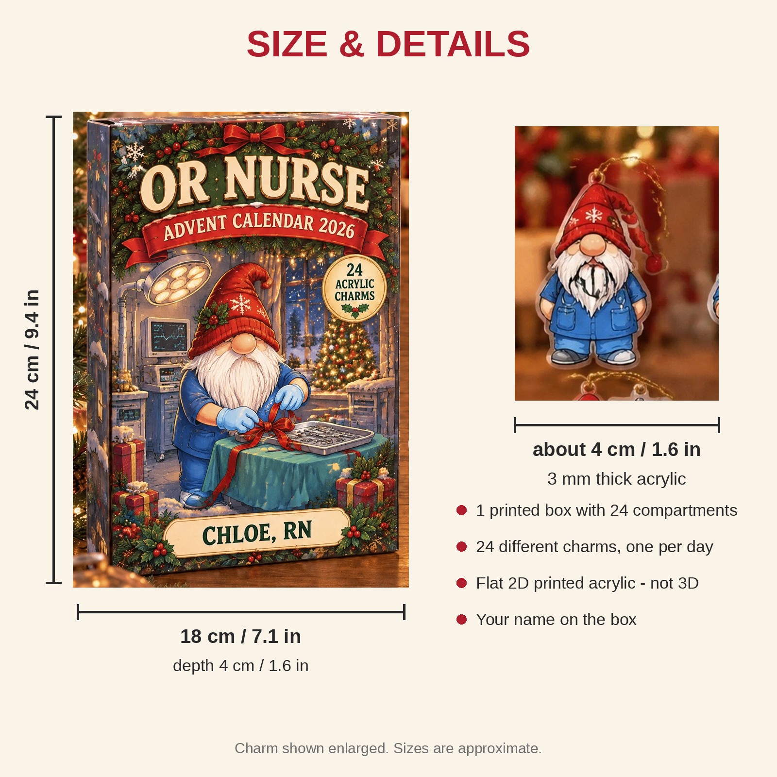 Personalized OR Nurse Gnome advent calendar box with 24 flat acrylic Christmas charms: box and charm sizes
