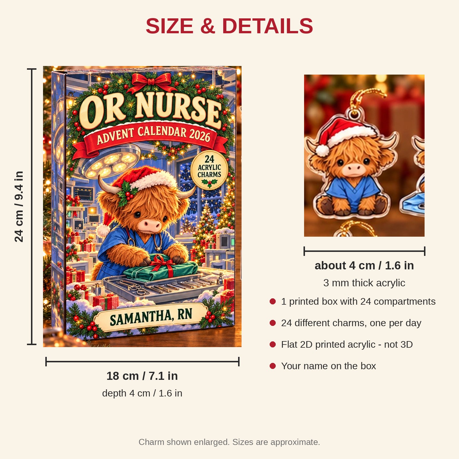 Personalized OR Nurse Highland Cow advent calendar box with 24 flat acrylic Christmas charms: box and charm sizes