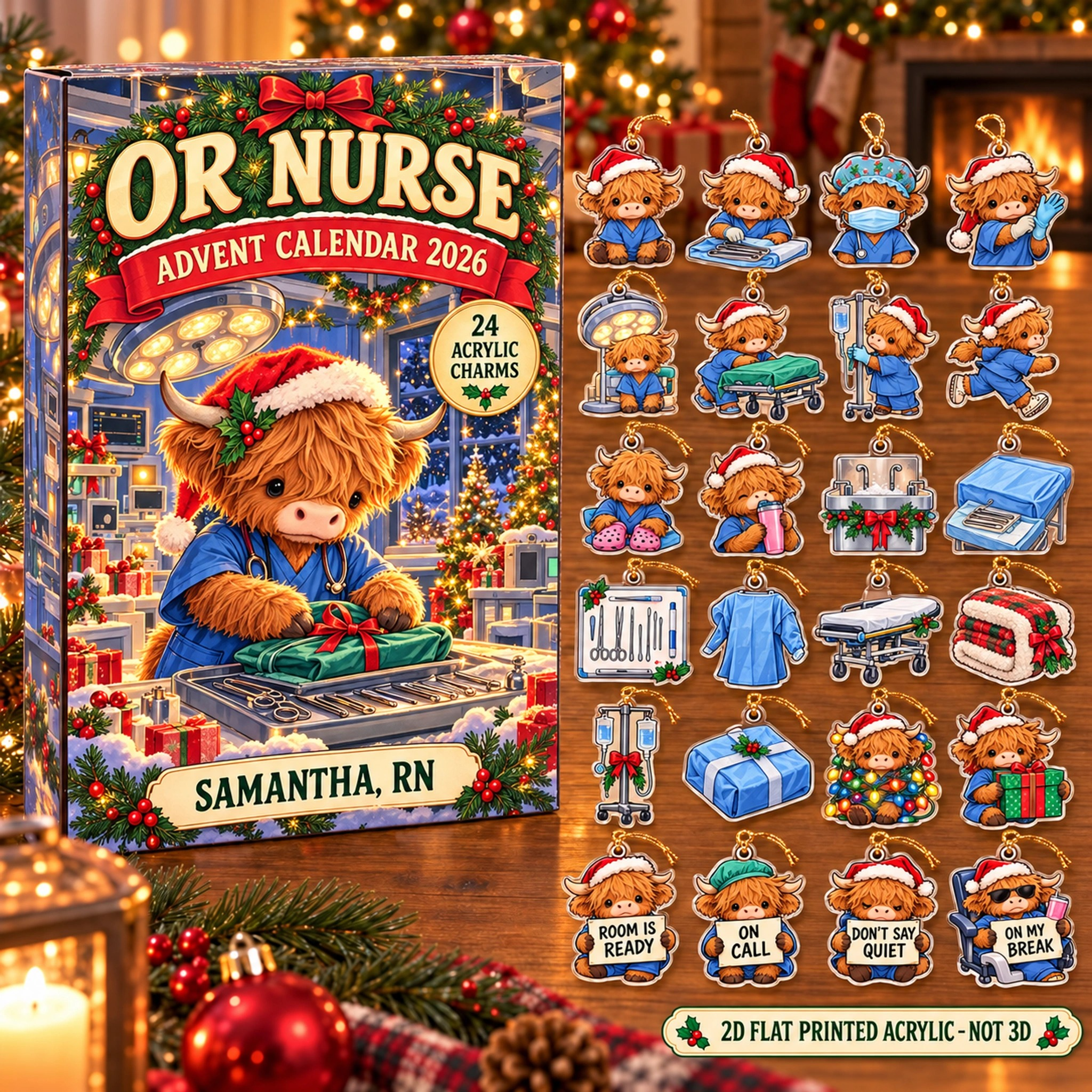 Personalized OR Nurse Highland Cow advent calendar box with 24 flat acrylic Christmas charms