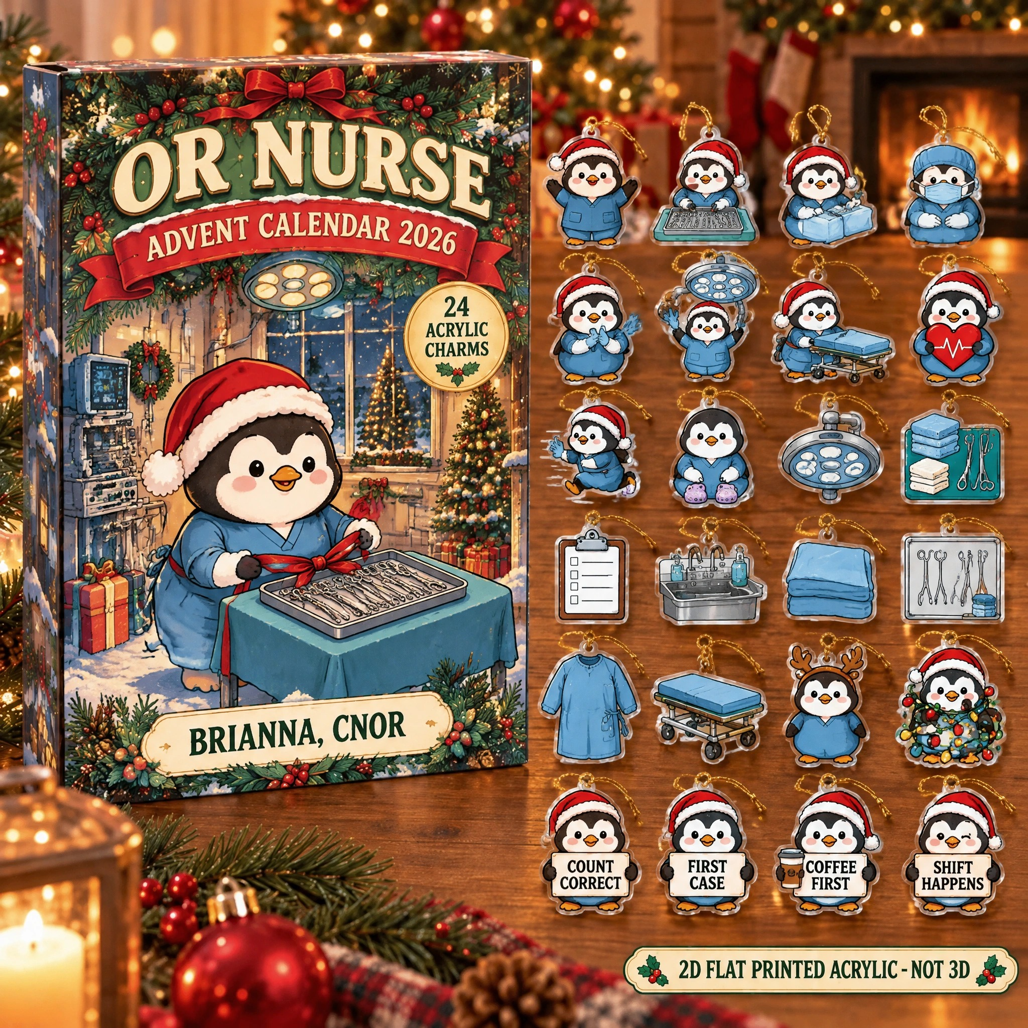 Personalized OR Nurse Penguin advent calendar box with 24 flat acrylic Christmas charms