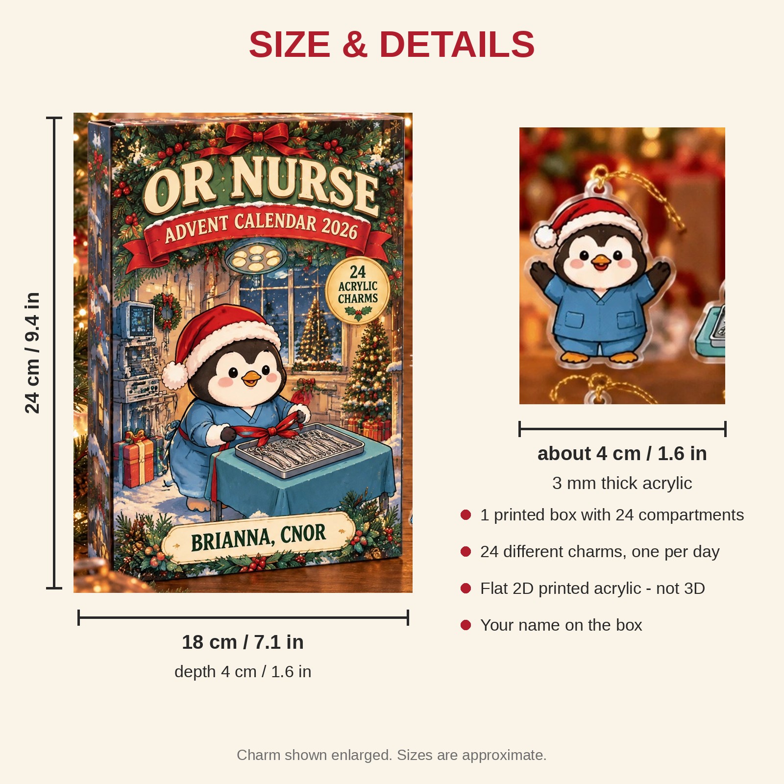 Personalized OR Nurse Penguin advent calendar box with 24 flat acrylic Christmas charms: box and charm sizes